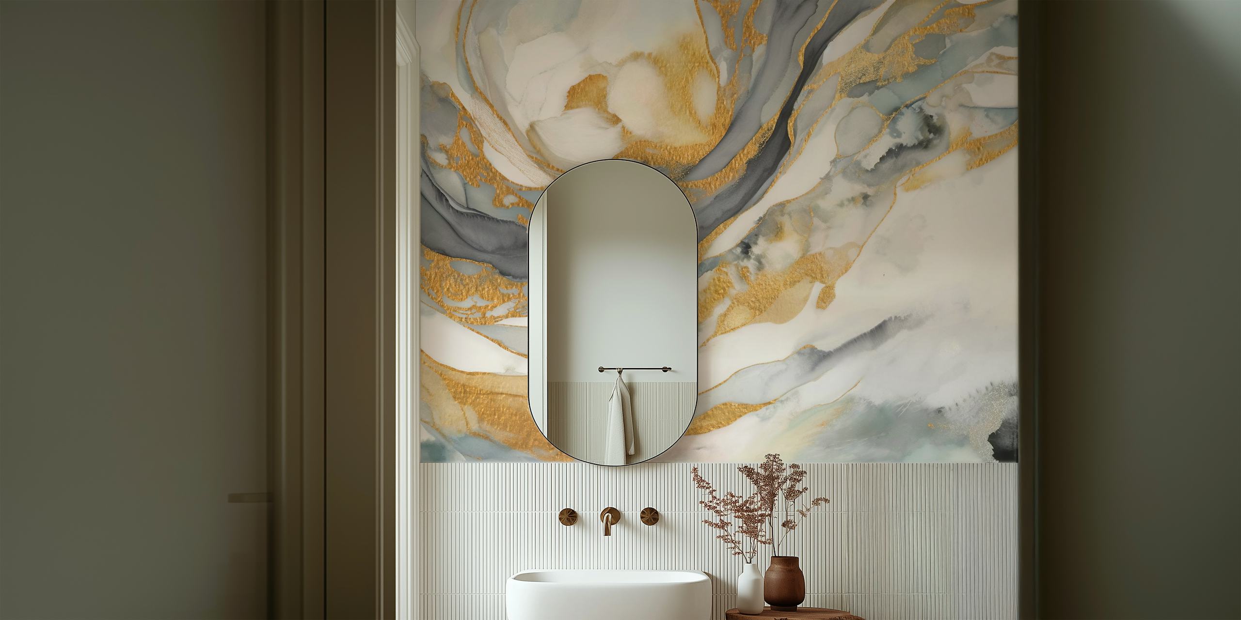 Gold and gray abstract wallpaper with fluid patterns and elegant tones