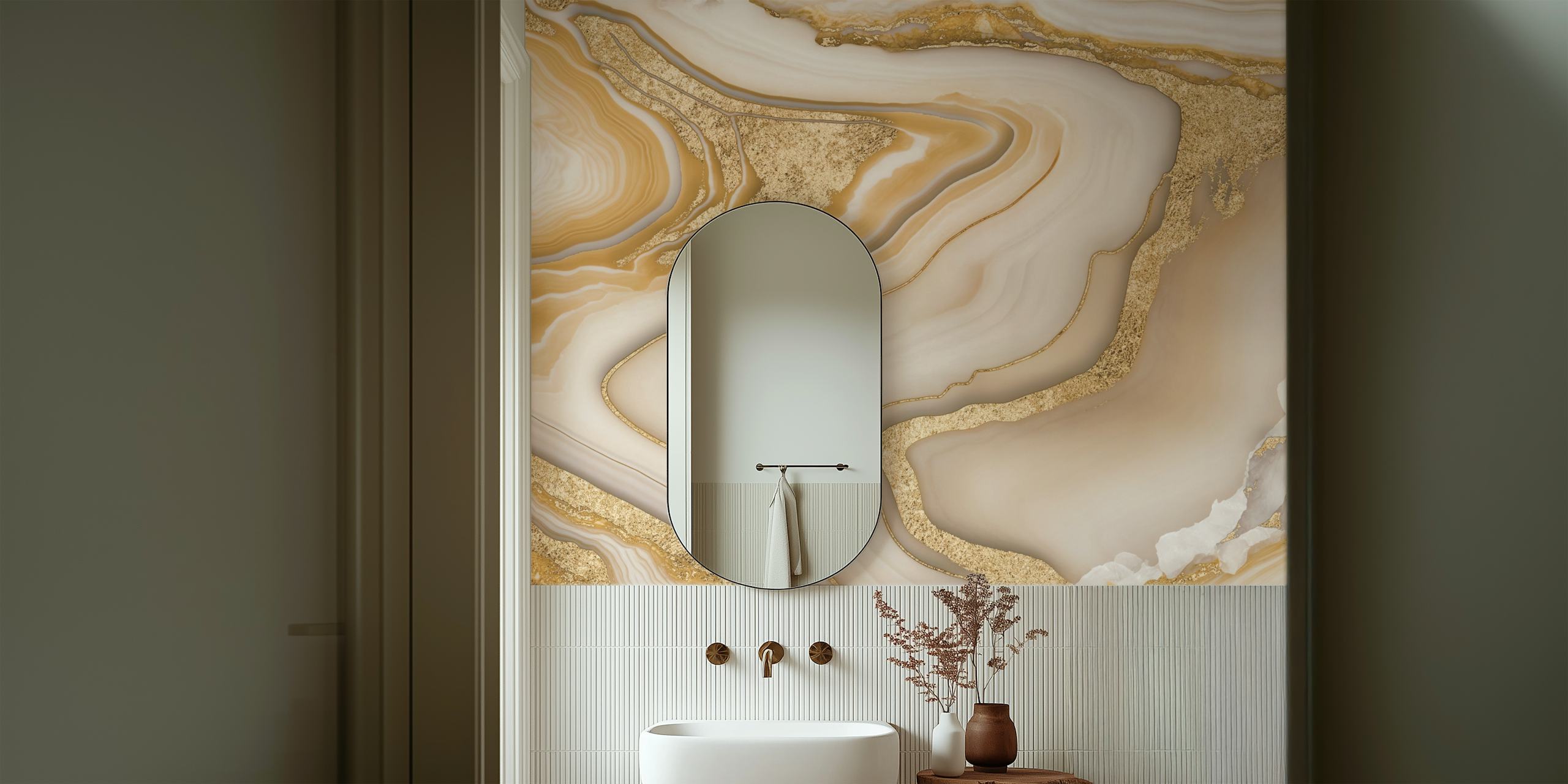 White and gold marble wallpaper with flowing patterns.