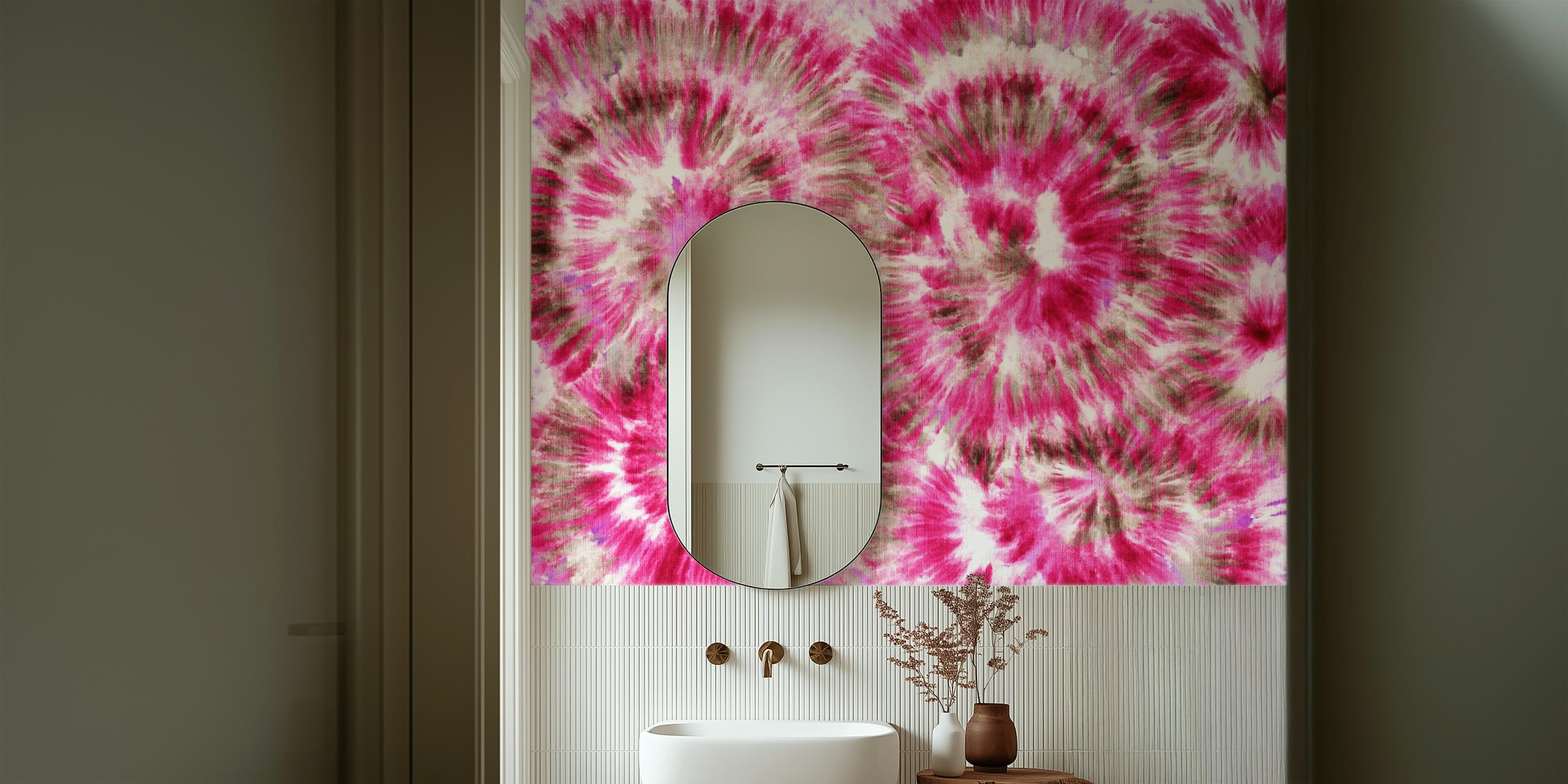 Eloisa vaaleanpunainen ja valkoinen solmiovärjäyskuvioinen seinämaalaus