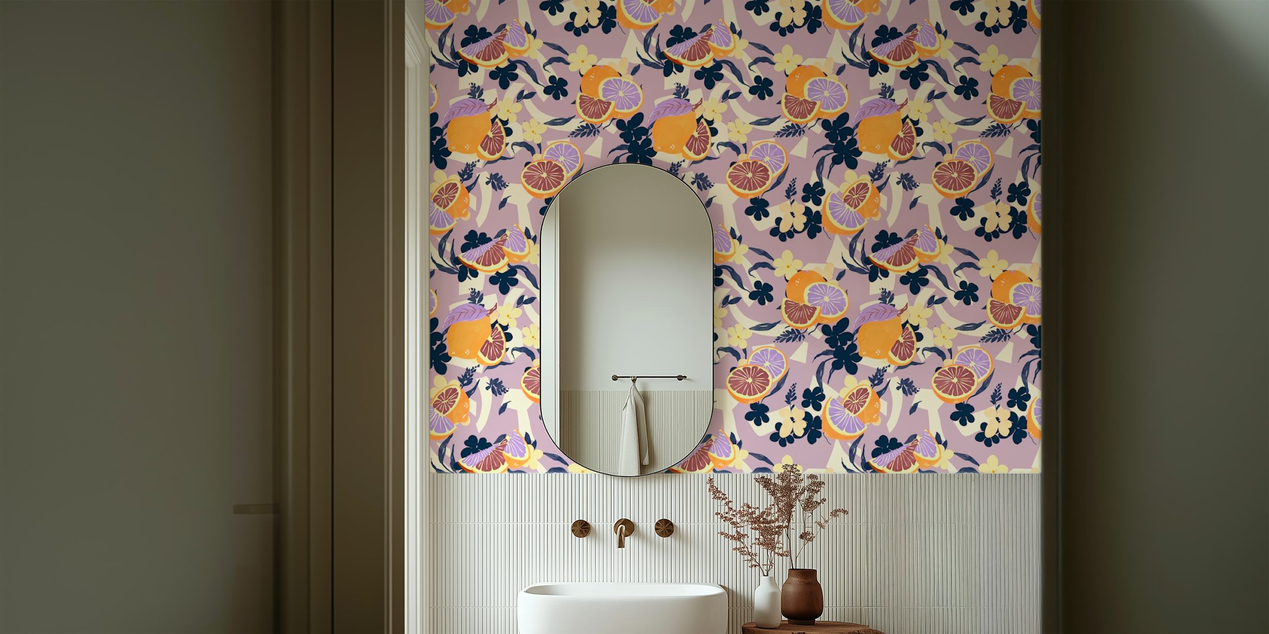 Orange flowers and purple accents floral wallpaper