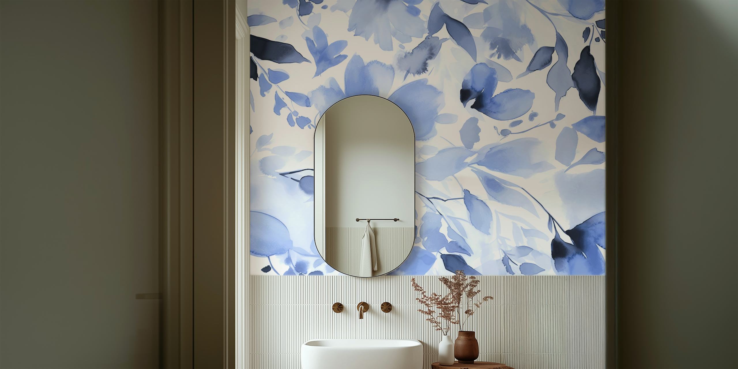 Ταπετσαρία Floral Blue Watercolor που εμφανίζεται σε ένα δωμάτιο