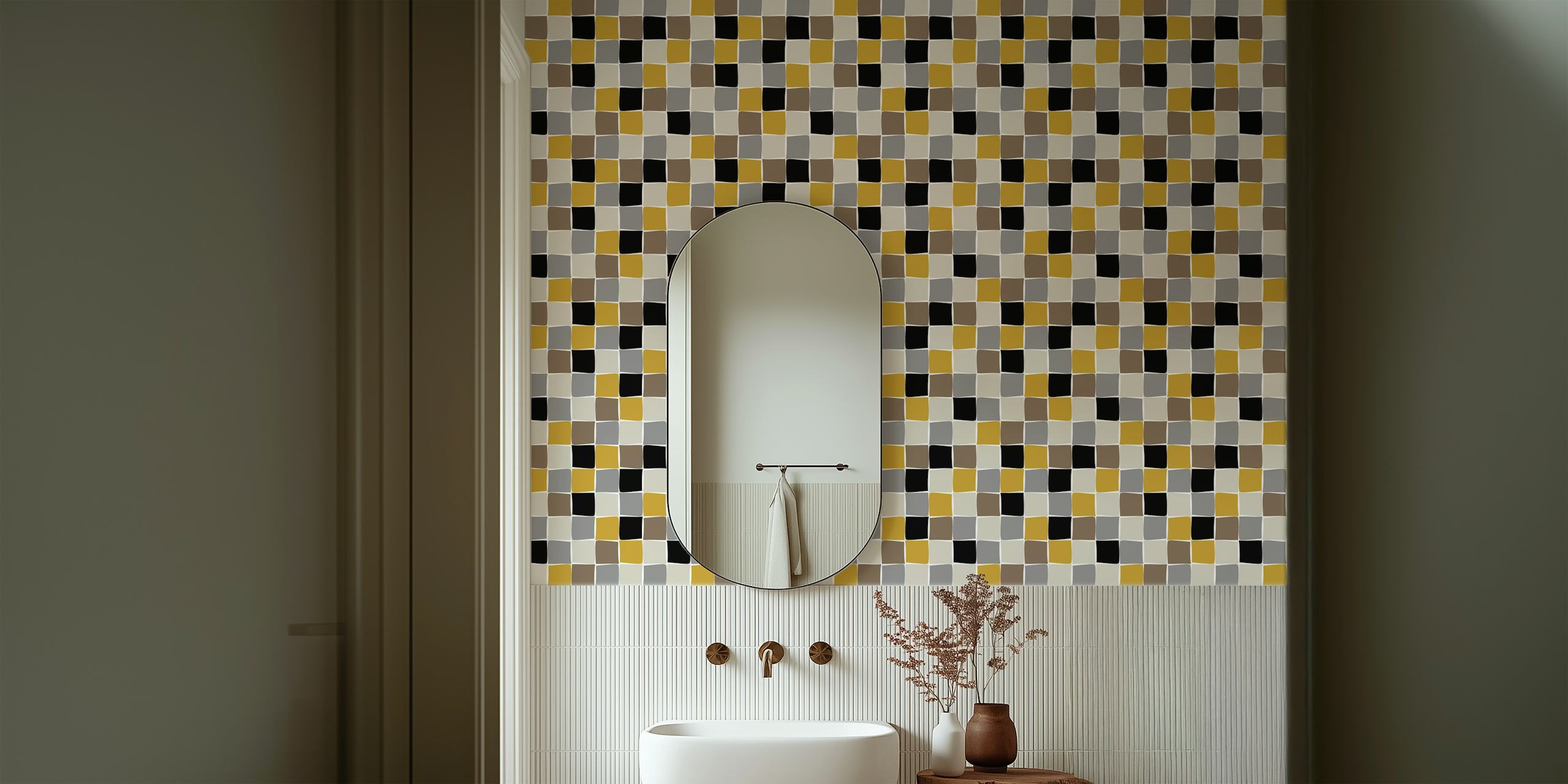 Checkerboard pattern wallpaper in yellow, gray, and black colors