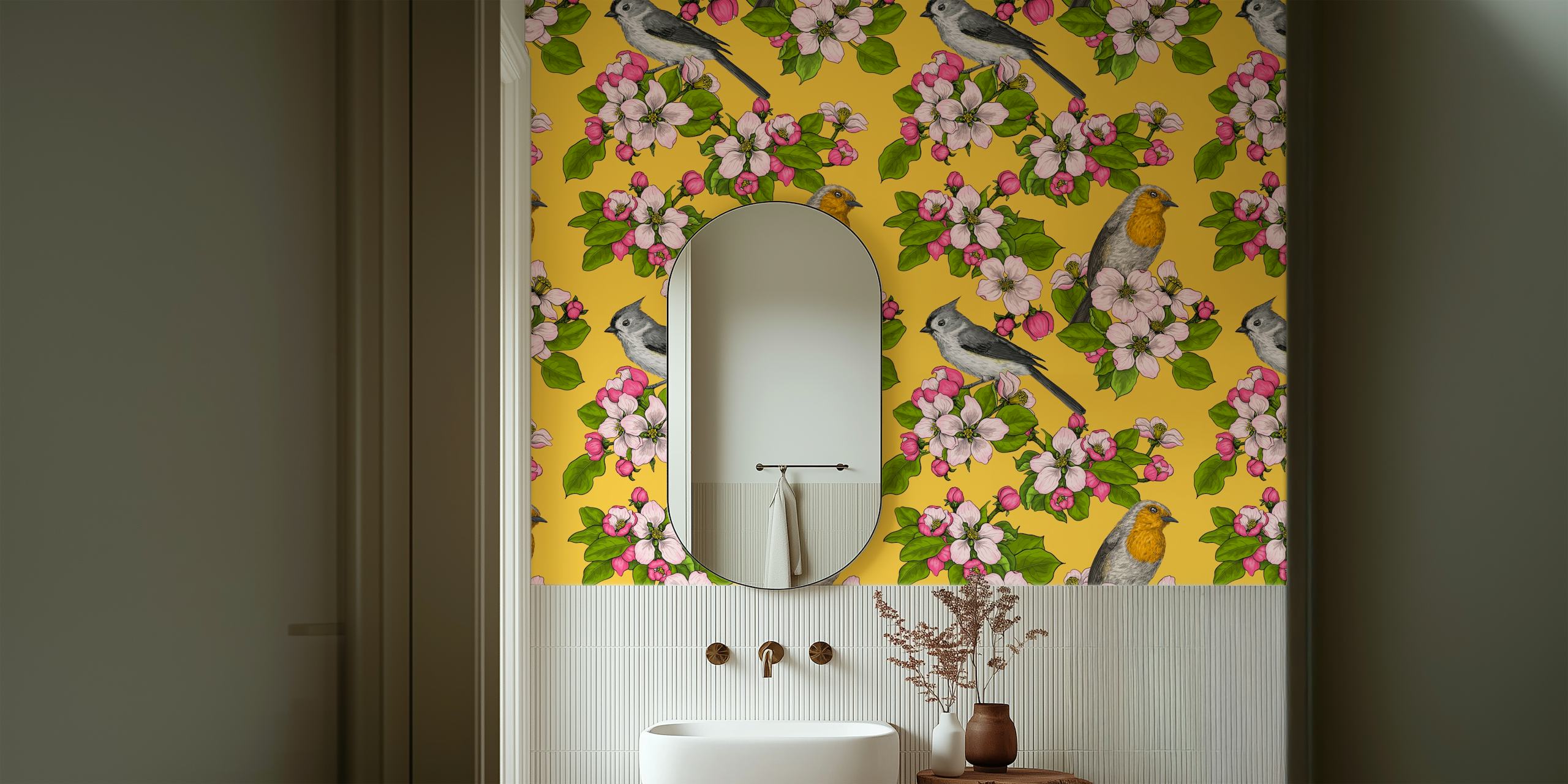 Birds with blossoms on yellow background floral wallpaper