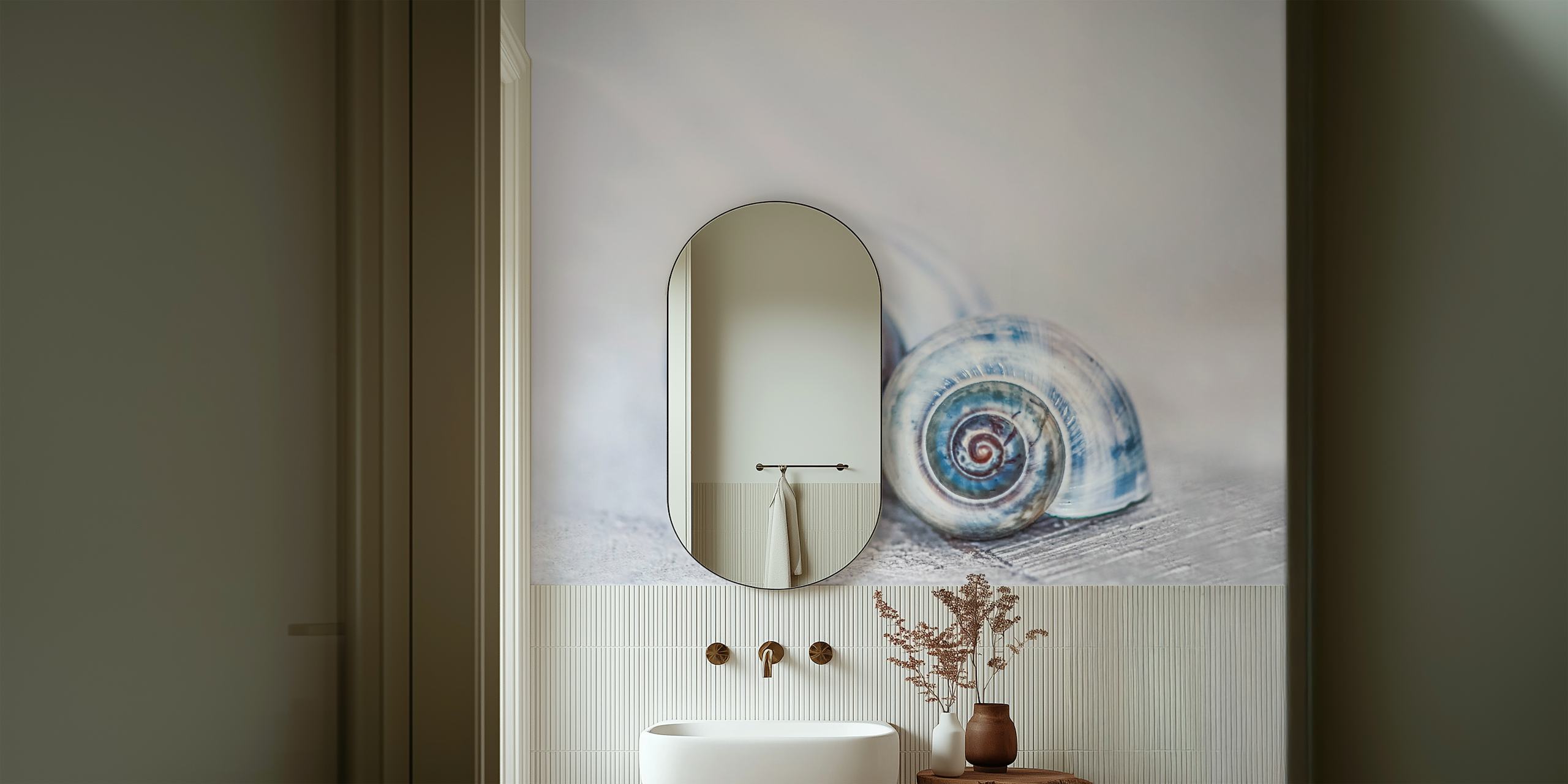 Two spiral seashells in blue tones with soft background wallpaper