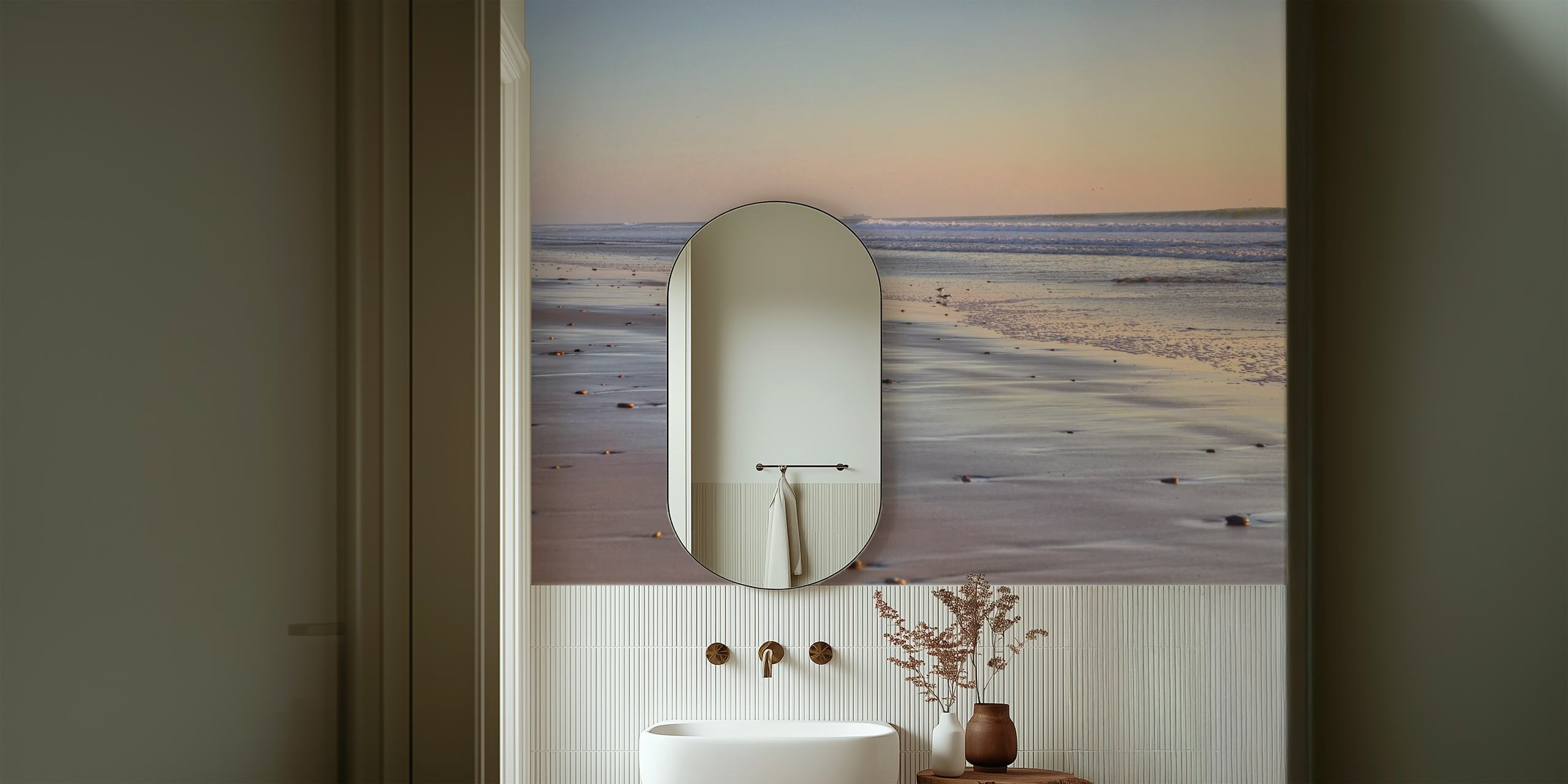 Beach sunset with soft pastels and serene waves wallpaper