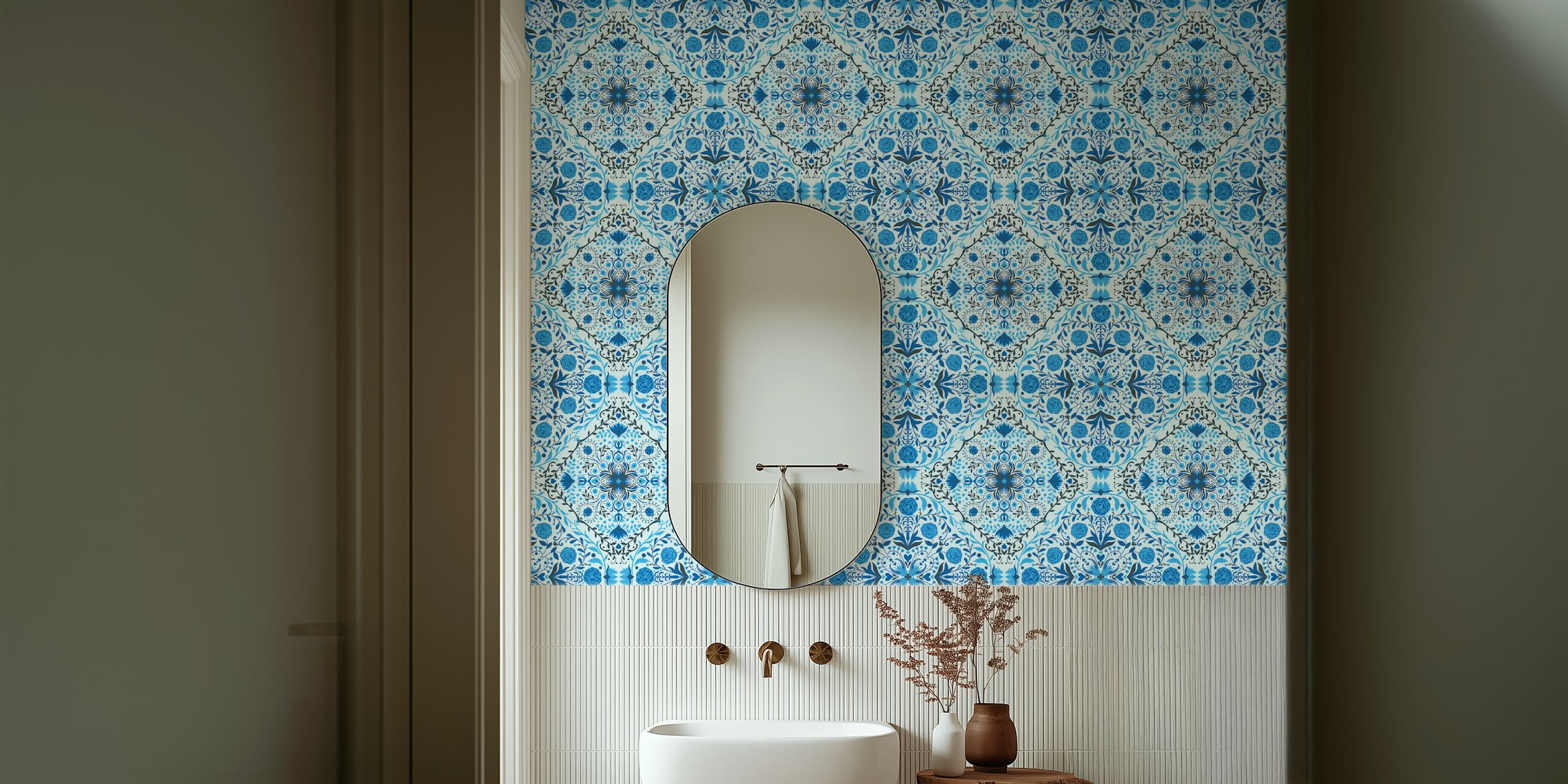 Floral tiles wallpaper in blue