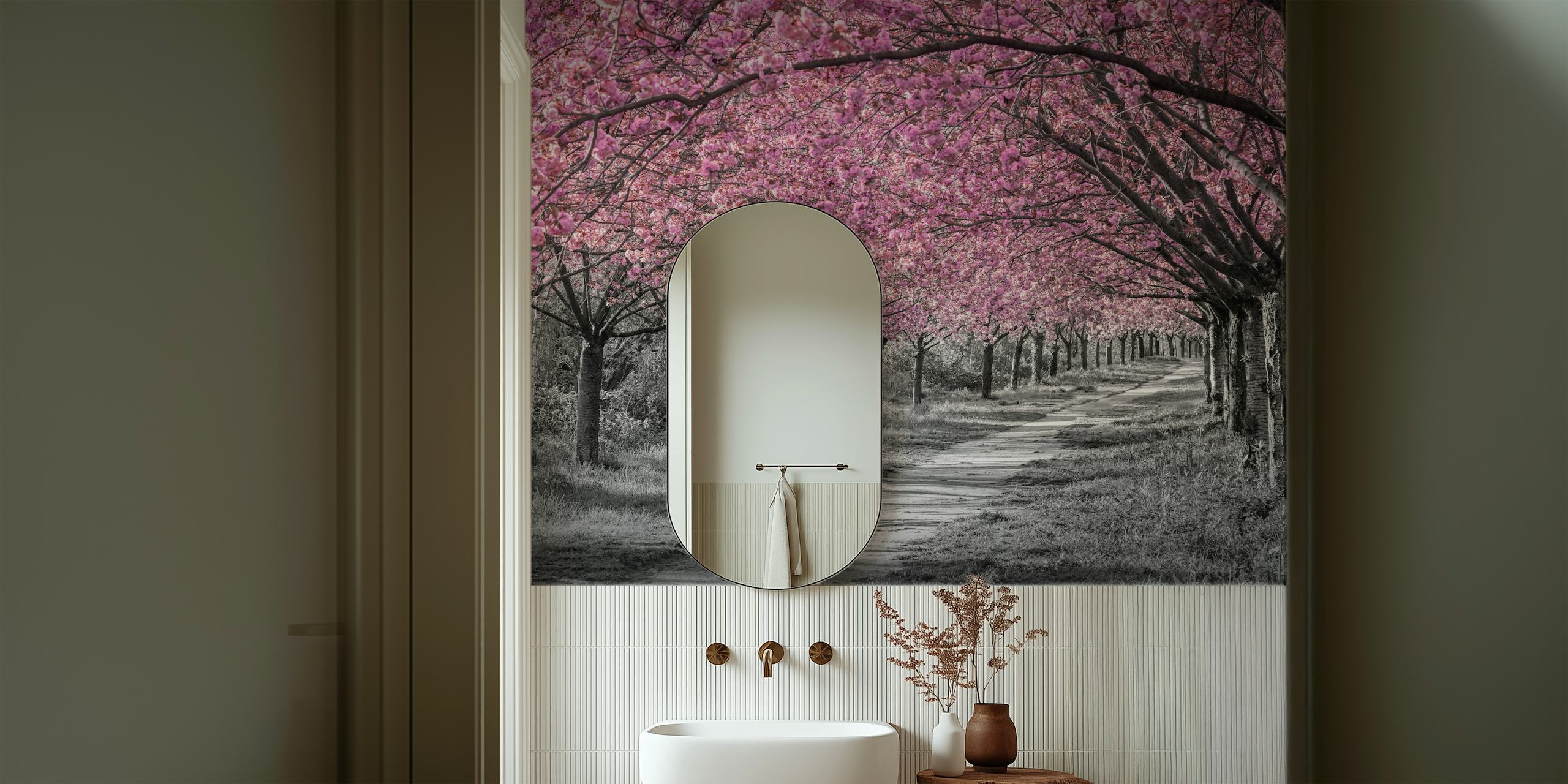 Cherry blossom trees with pink flowers and grey path wallpaper