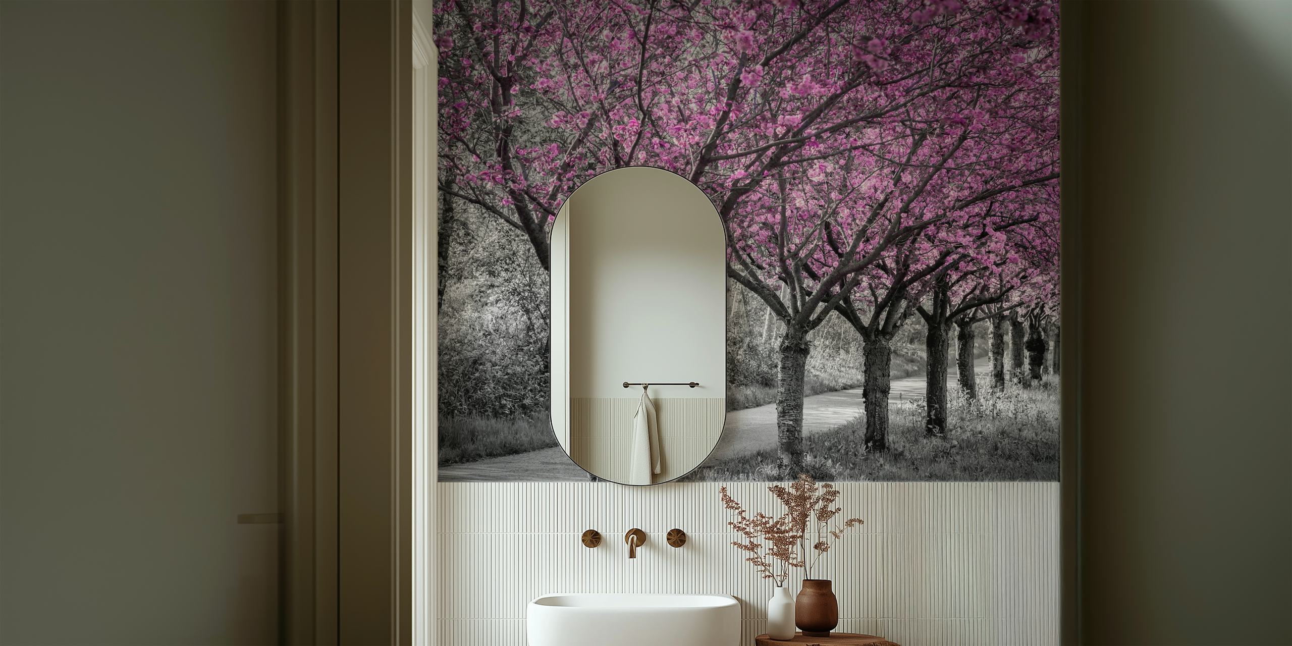 Pink cherry blossom trees in black and white wallpaper