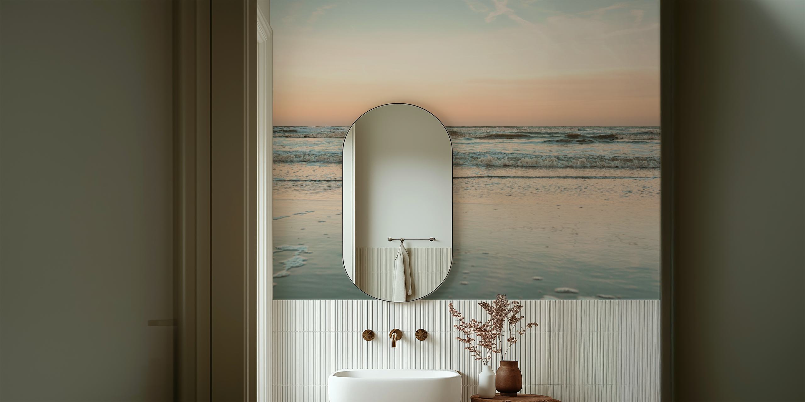 Ocean waves at sunrise with blue and peach hues beach wallpaper