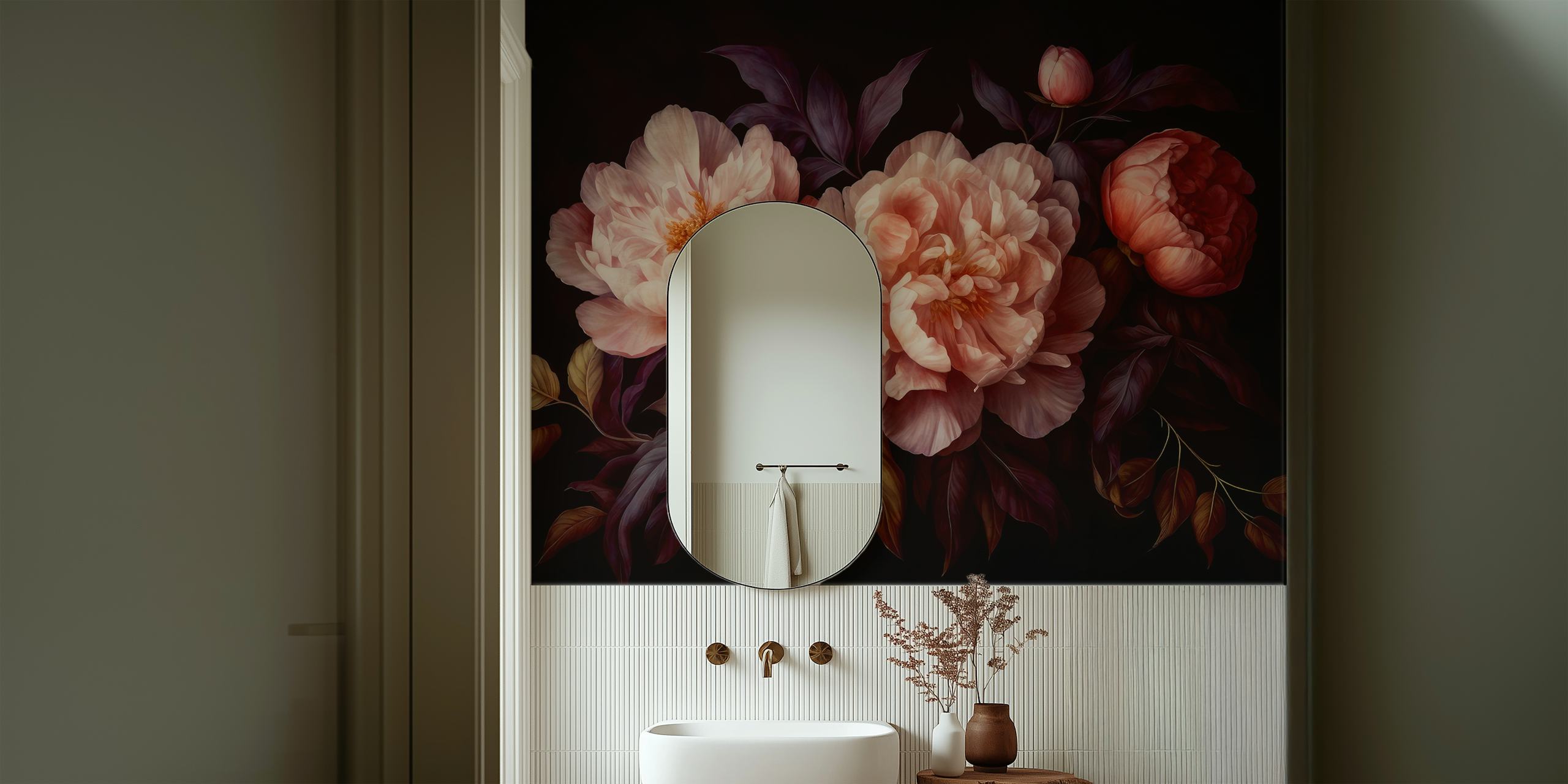 Elegant baroque floral design with pink peonies and dark leaves wallpaper