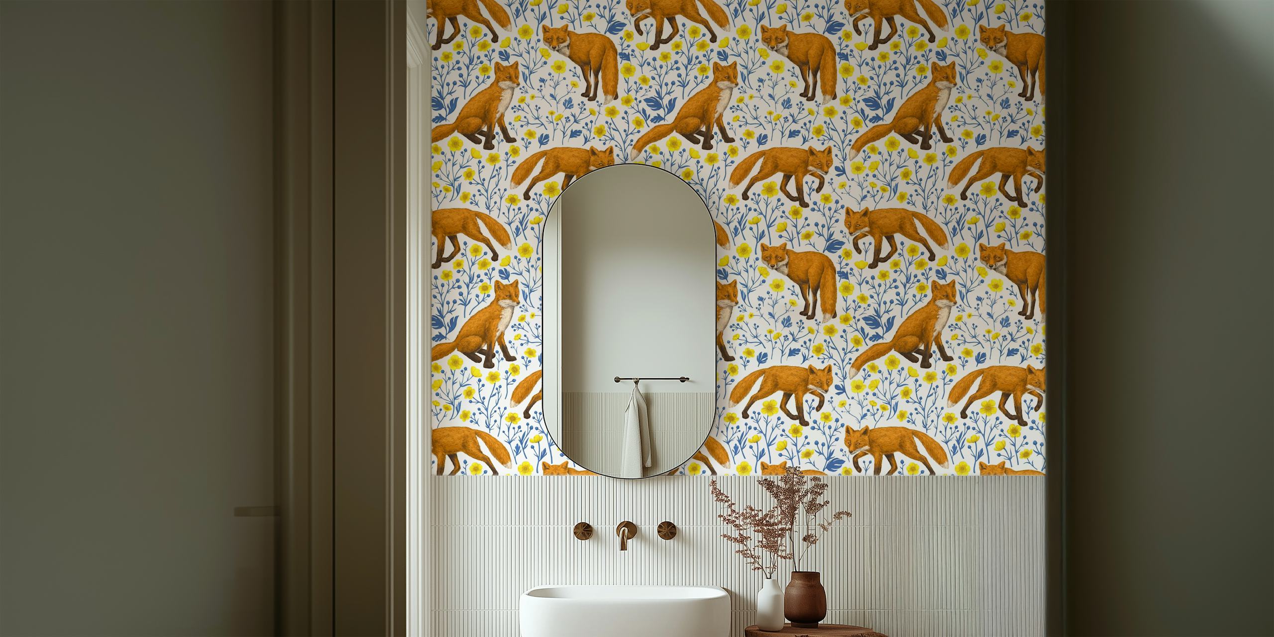 Εικονιστικό τοιχογραφία με Foxes ανάμεσα σε buttercups σε ανοιχτό φόντο