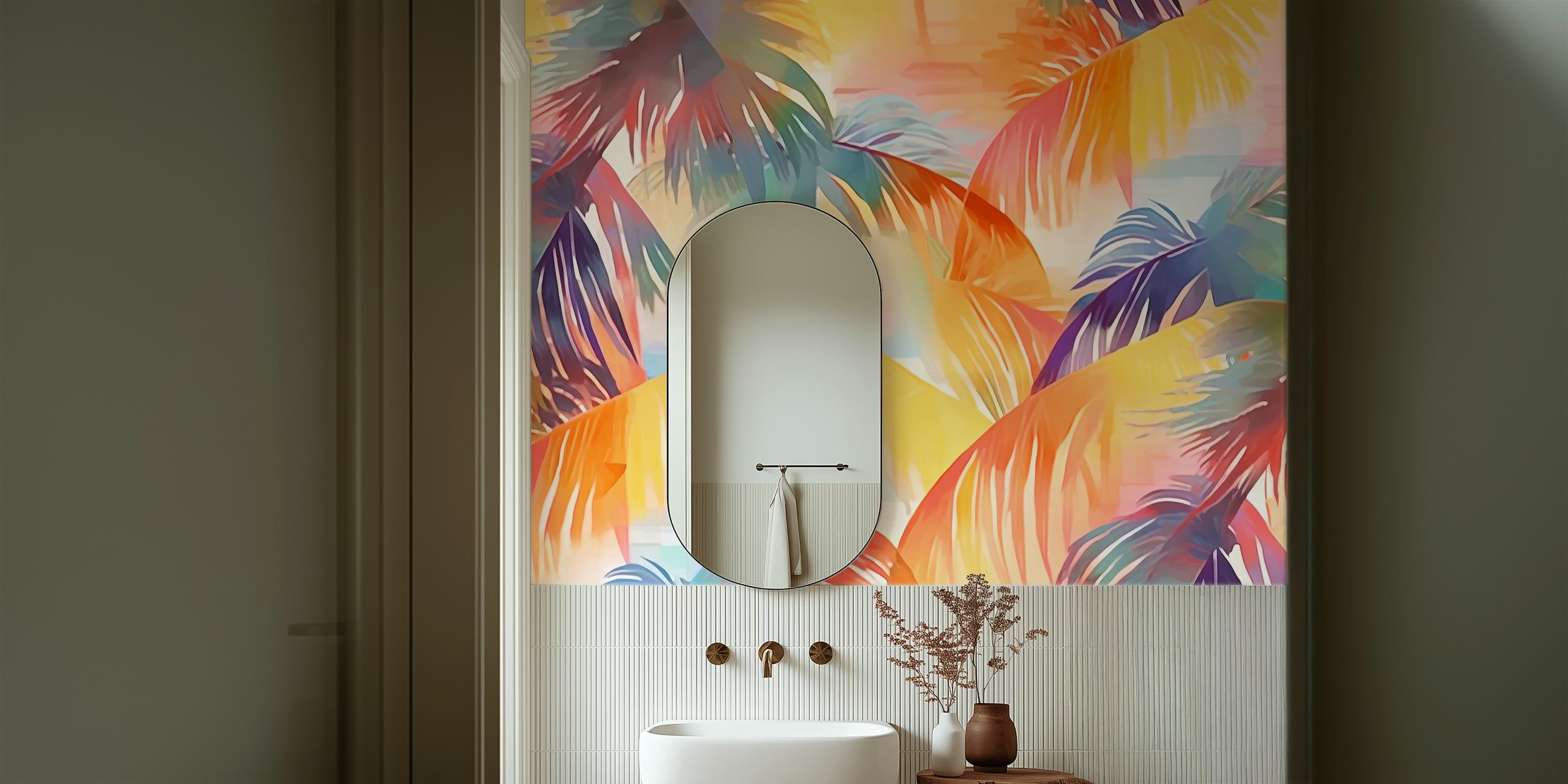 Papel de parede Coachella com folhas de palmeira coloridas