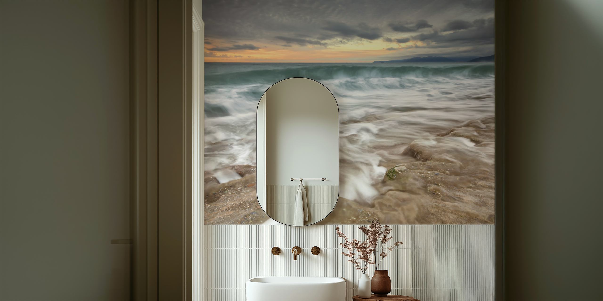 Dynamic sea wave wall mural under stormy sky