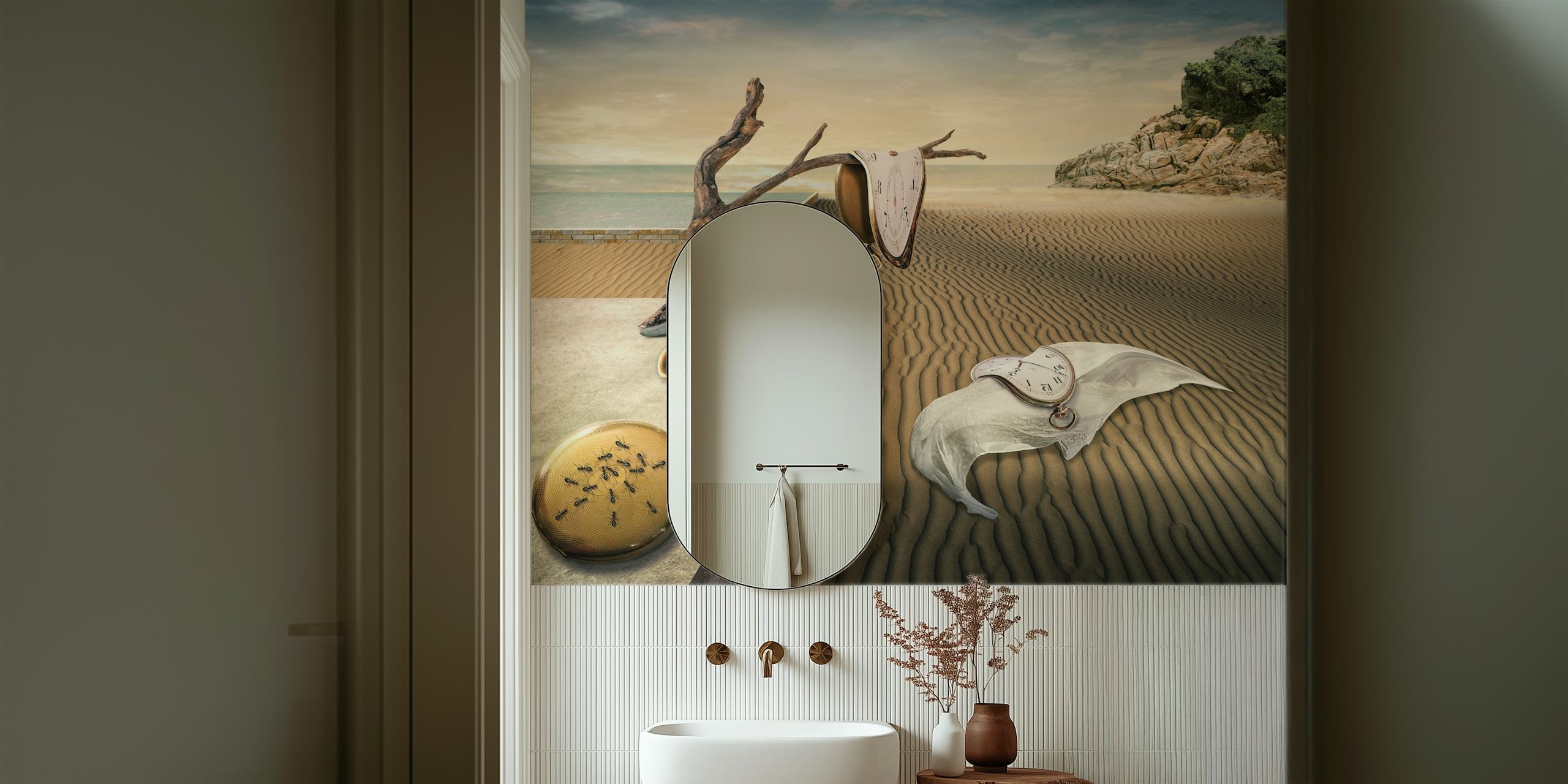 Mural surrealista com elementos inspirados em Salvador Dali, como relógios derretidos e uma paisagem desértica