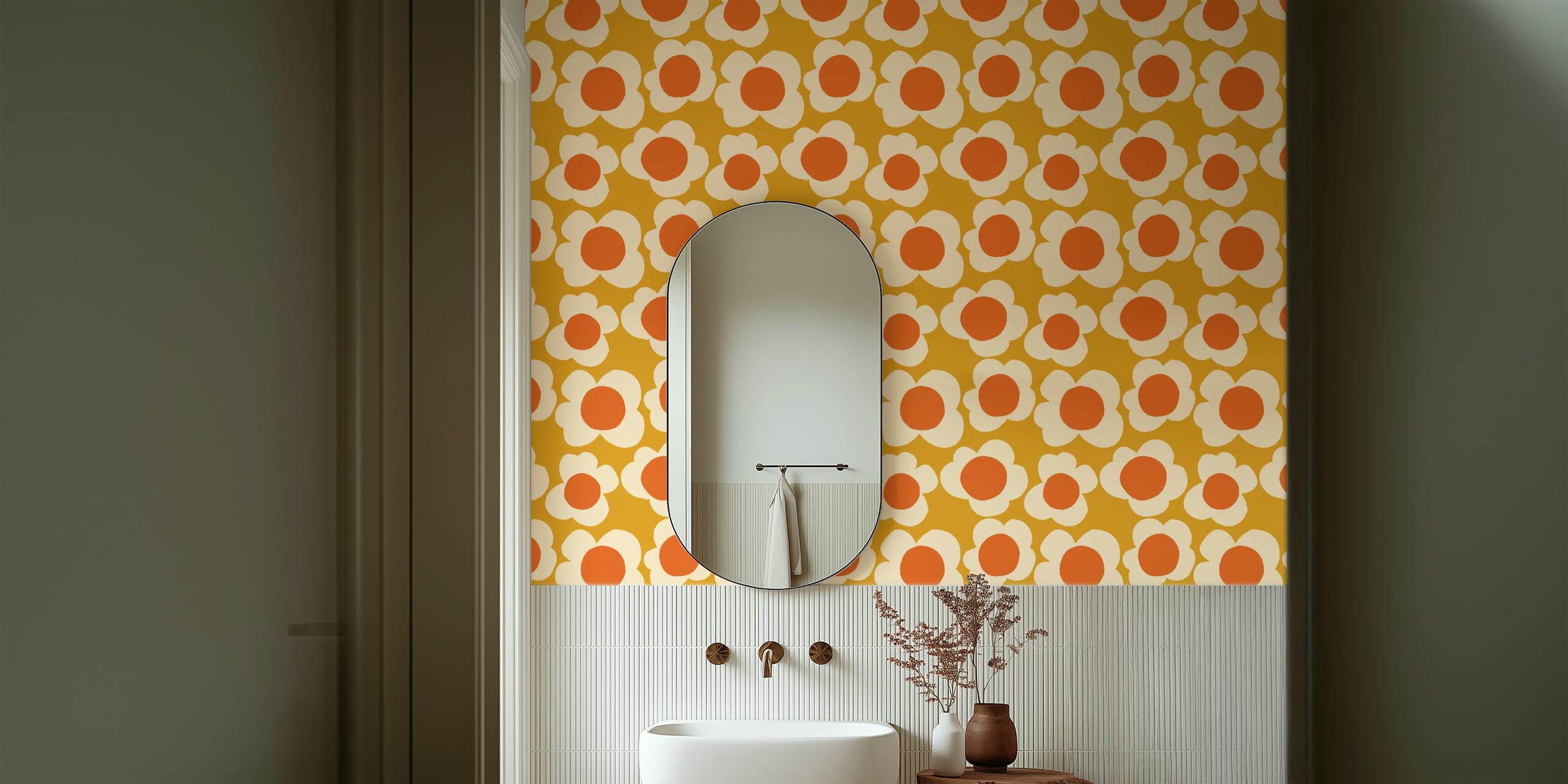 Un motivo ripetuto di fiori stilizzati gialli e arancioni su uno sfondo beige per un murale.