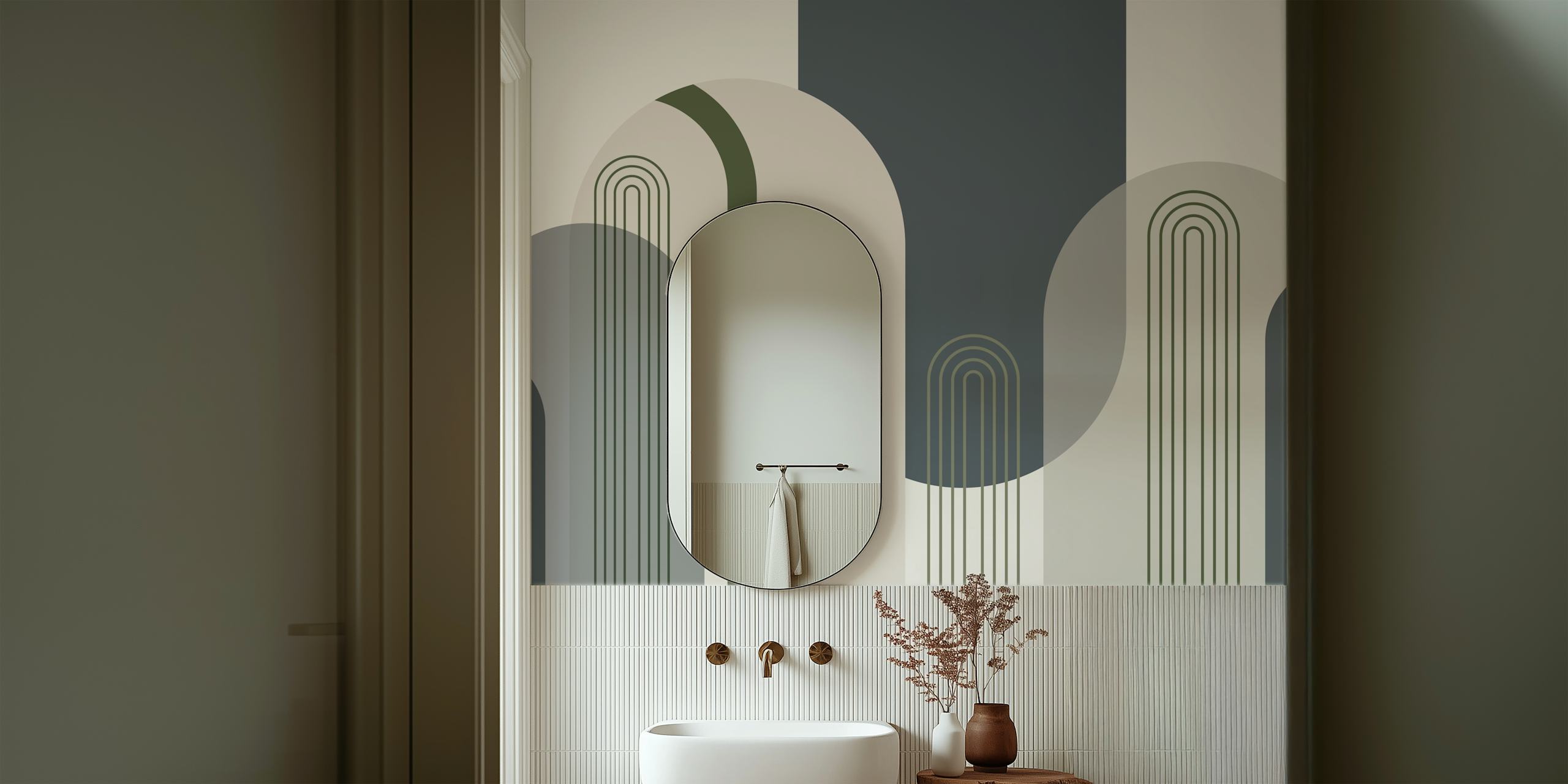 Mid Century Modern arches pattern in blue and green wallpaper