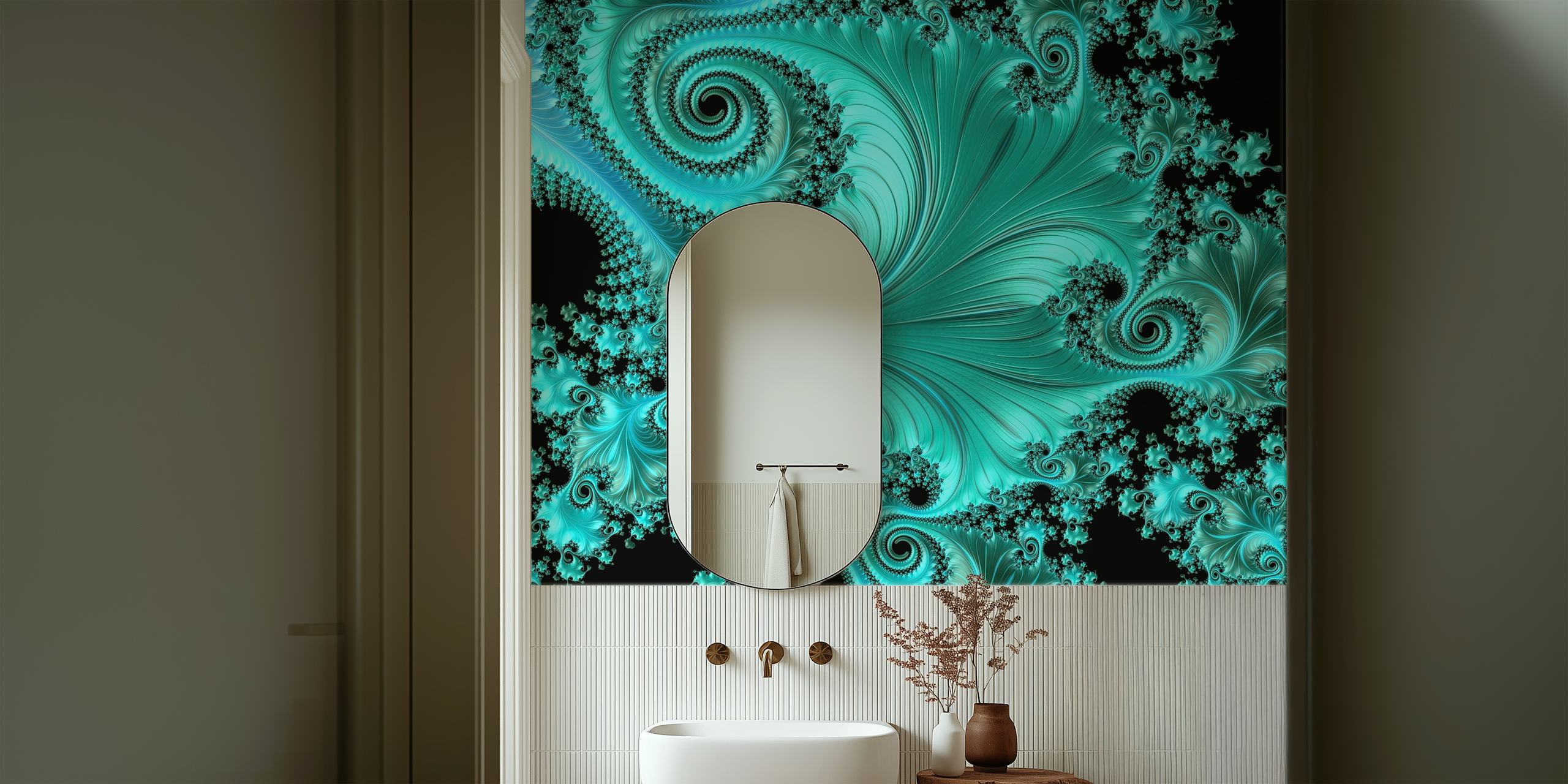 Turquoise swirling fractal pattern on black background wallpaper