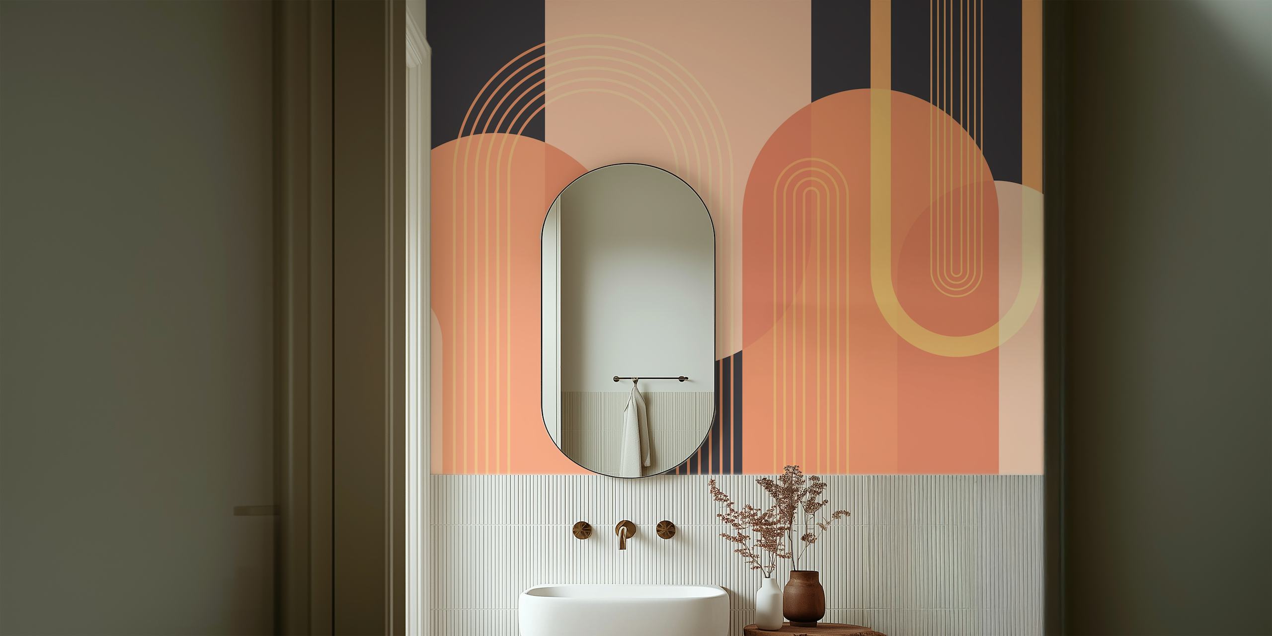 Peach and black geometric arches wallpaper