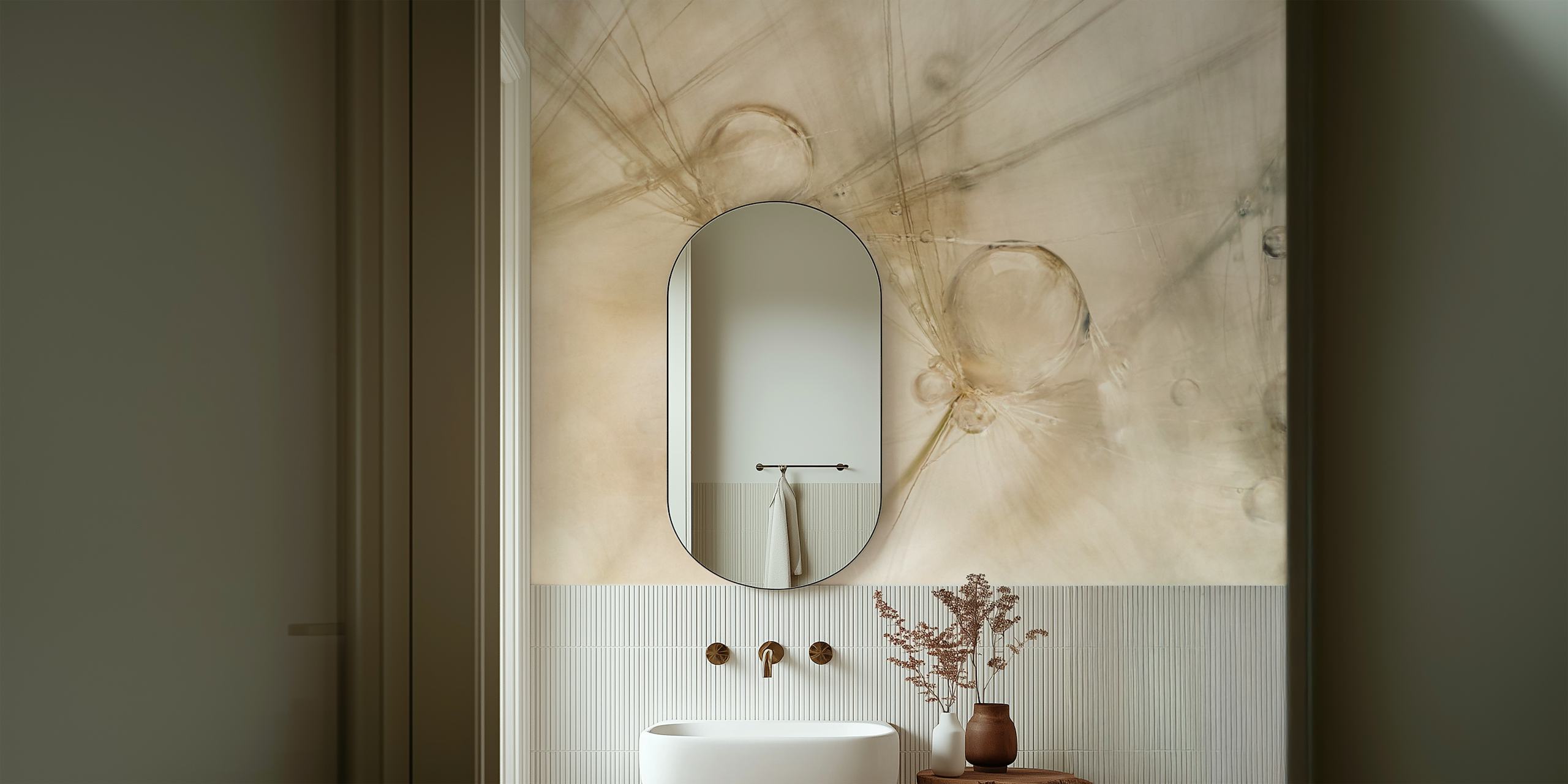 Abstract watercolor wall mural with soft neutral tones and fluid shapes.