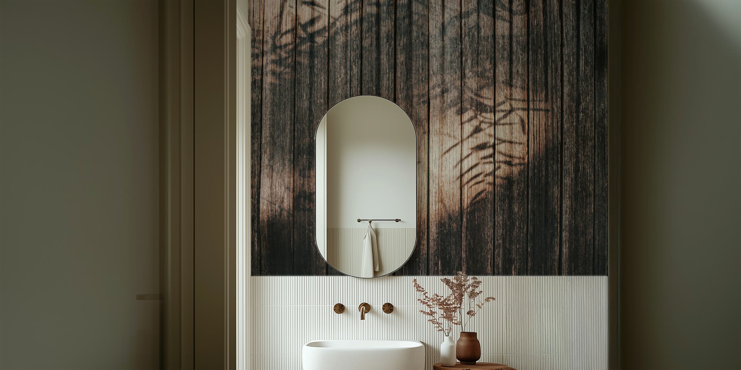 Wooden planks with shadows of foliage on a textured surface wallpaper