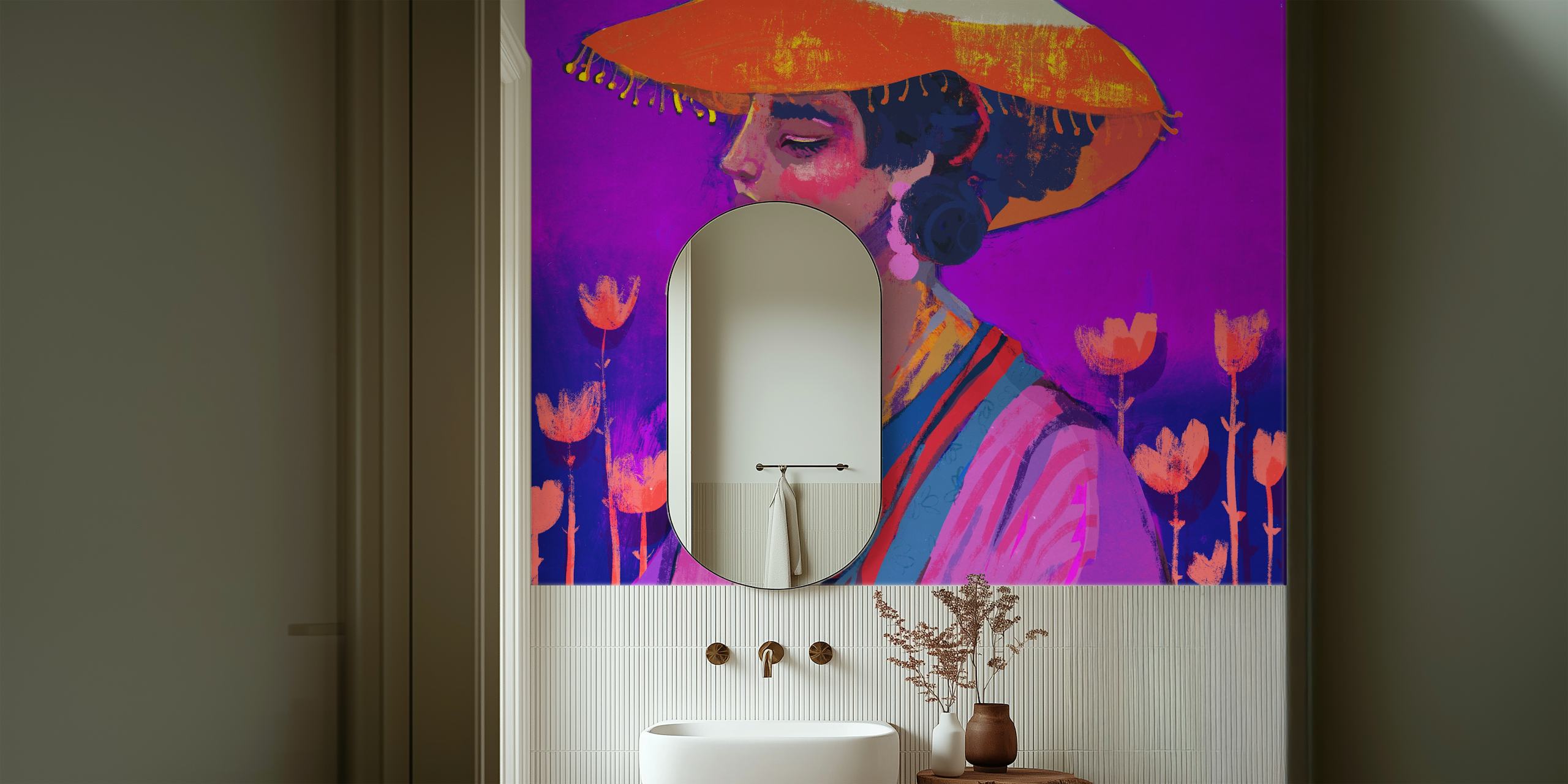 Stylized woman in a garden wall mural with purple background and orange highlights