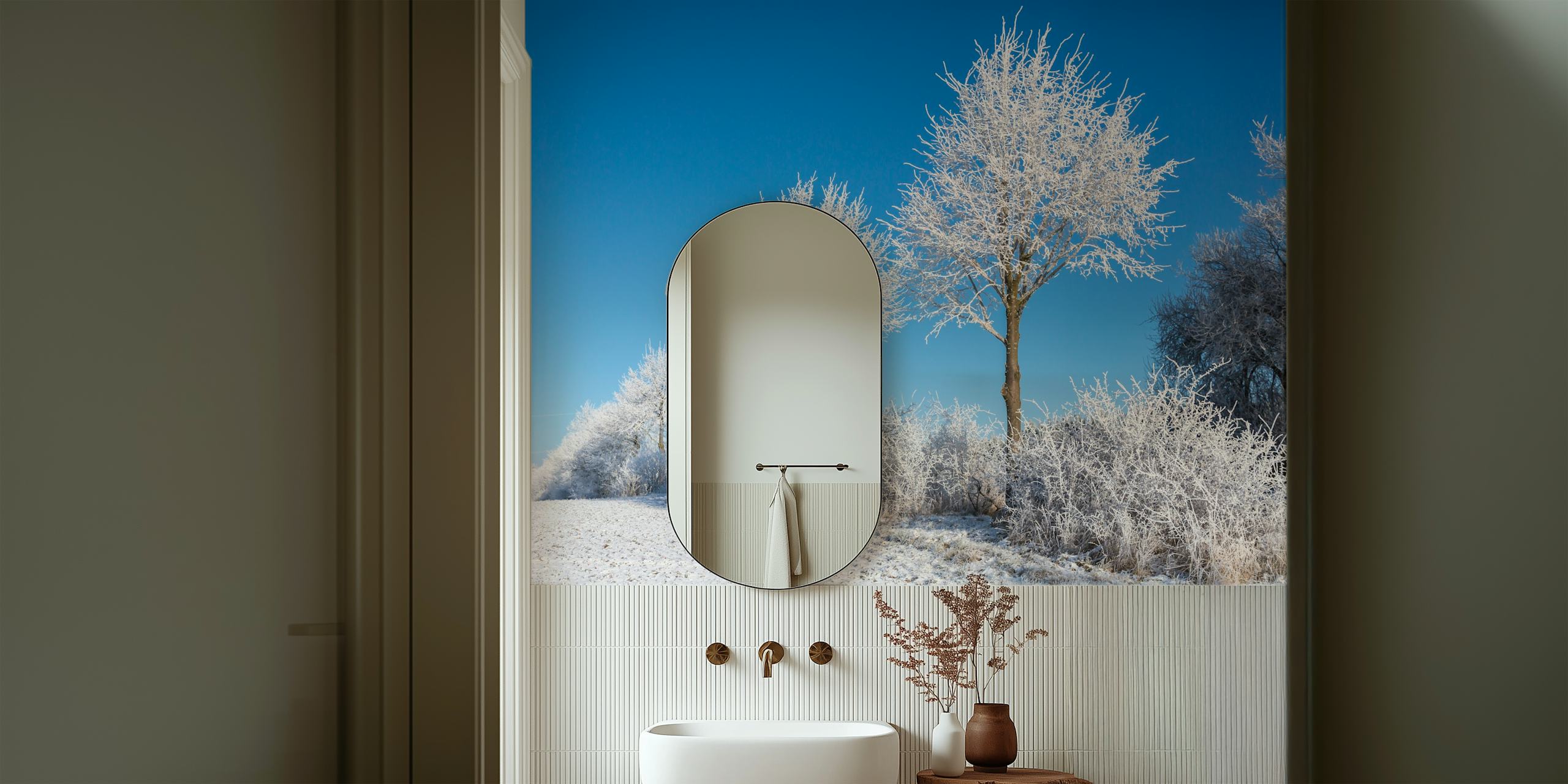 Um mural de parede tranquilo de cena de inverno com árvores cobertas de gelo e uma paisagem nevada