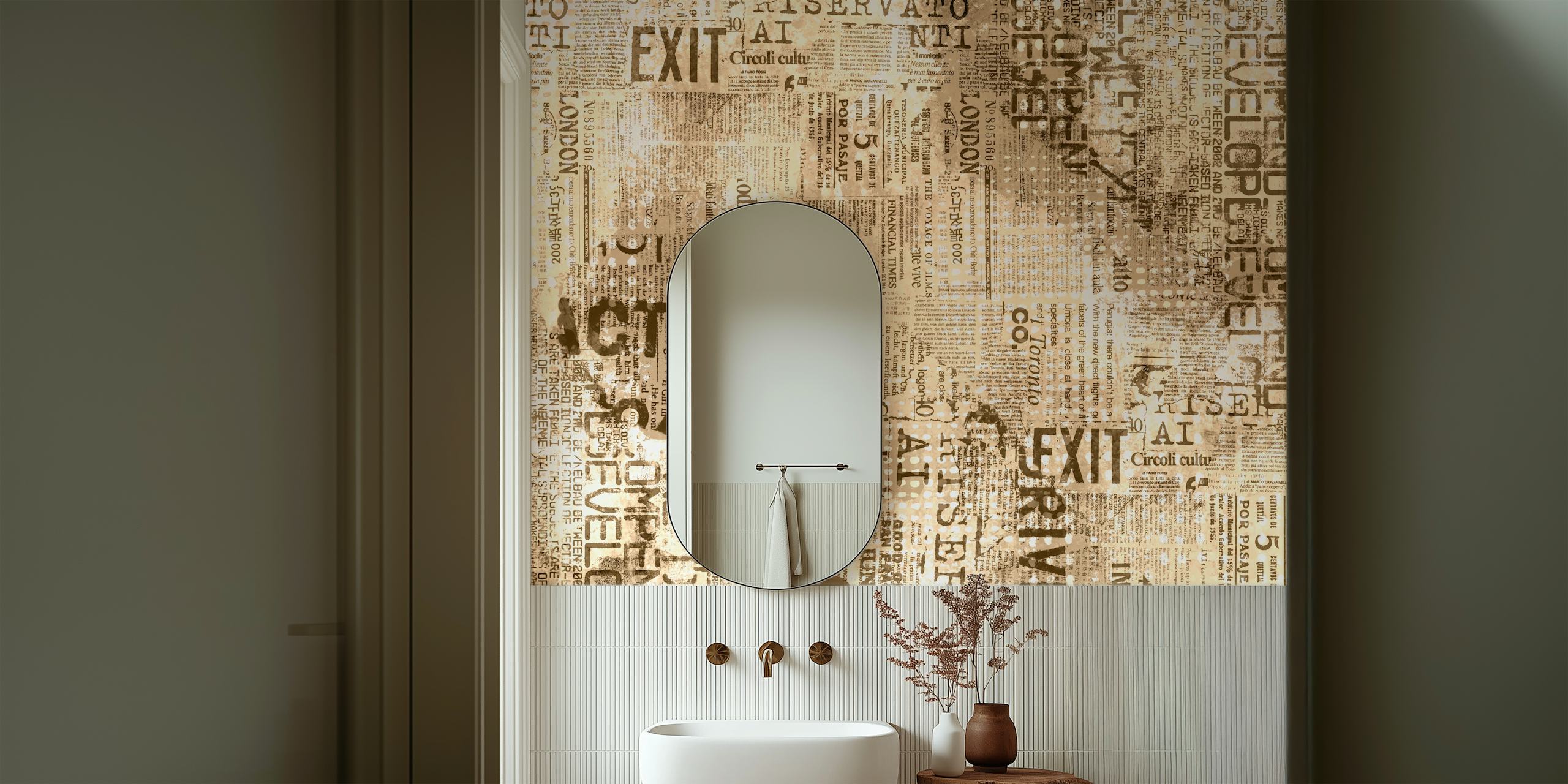 Urban beige and brown textured wallpaper with newspaper patterns