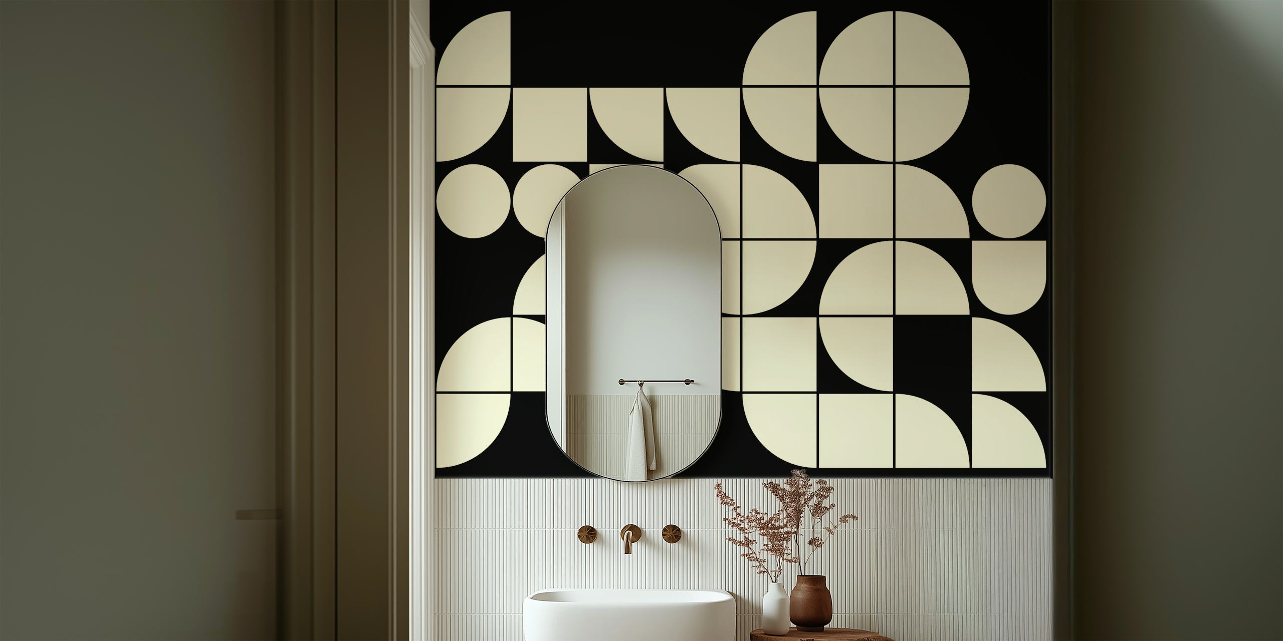 Bauhaus-inspired wall mural in ivory with abstract geometric and curvilinear shapes