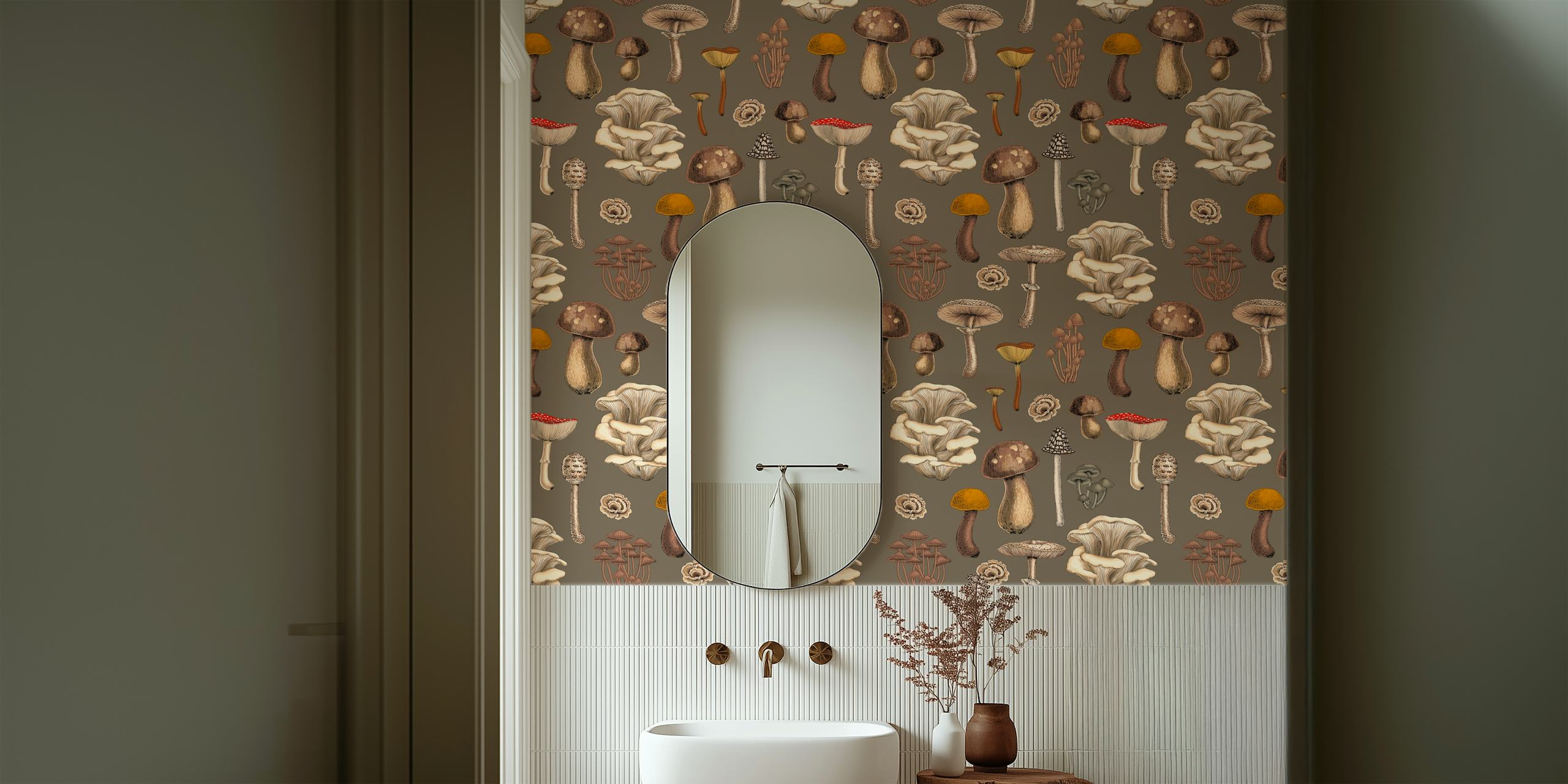 Various mushrooms on a muted brown background wallpaper