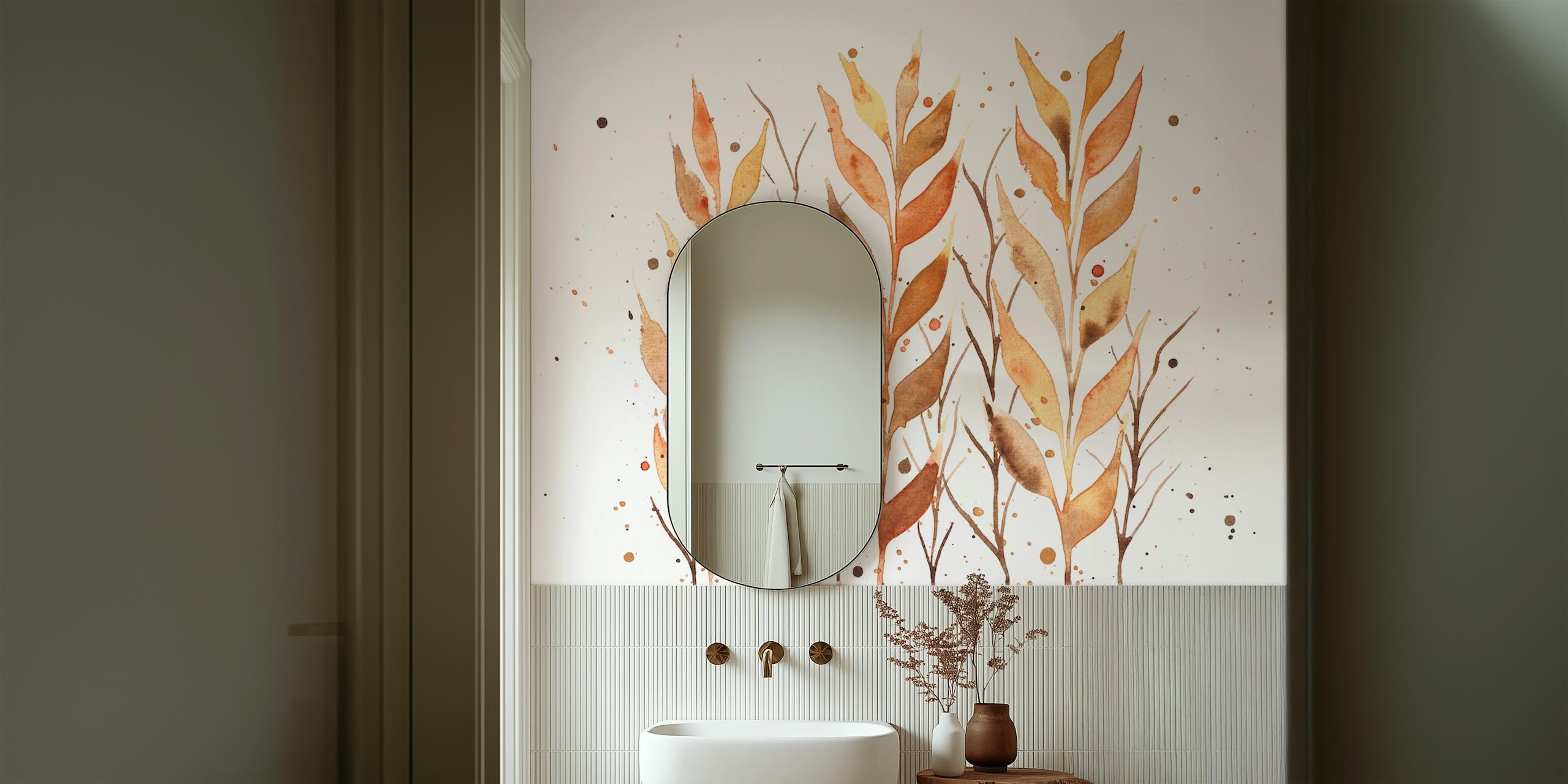 Rusty leaves pattern in warm colors on white background wallpaper