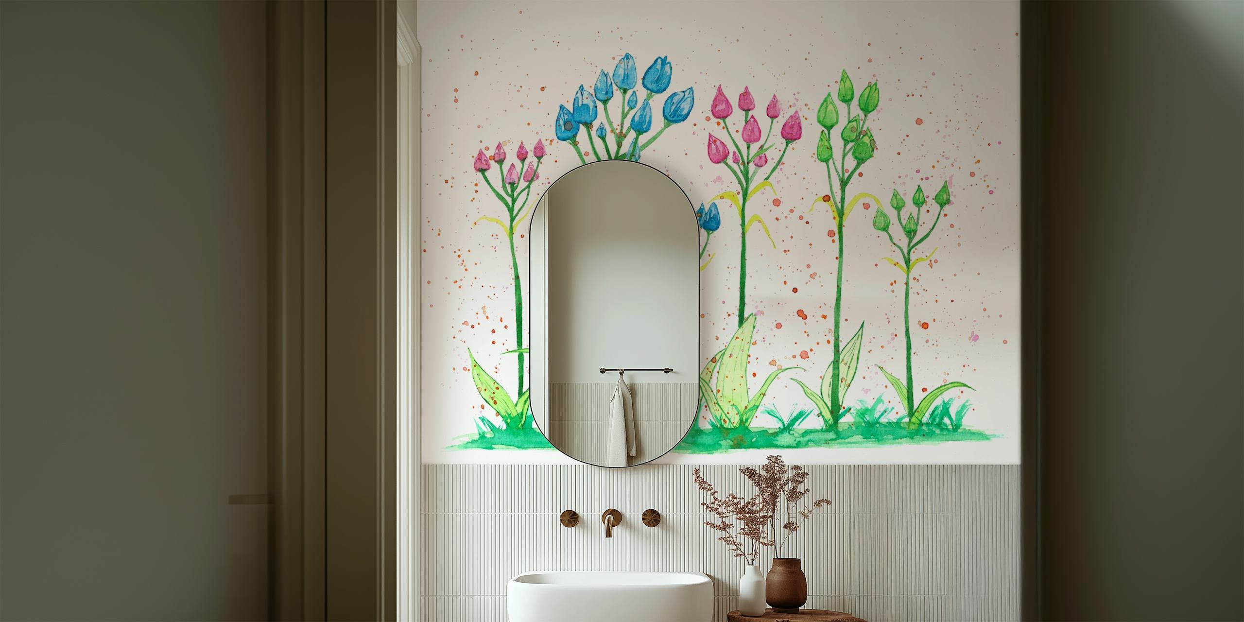 Pointy watercolor flowers wallpaper in a room