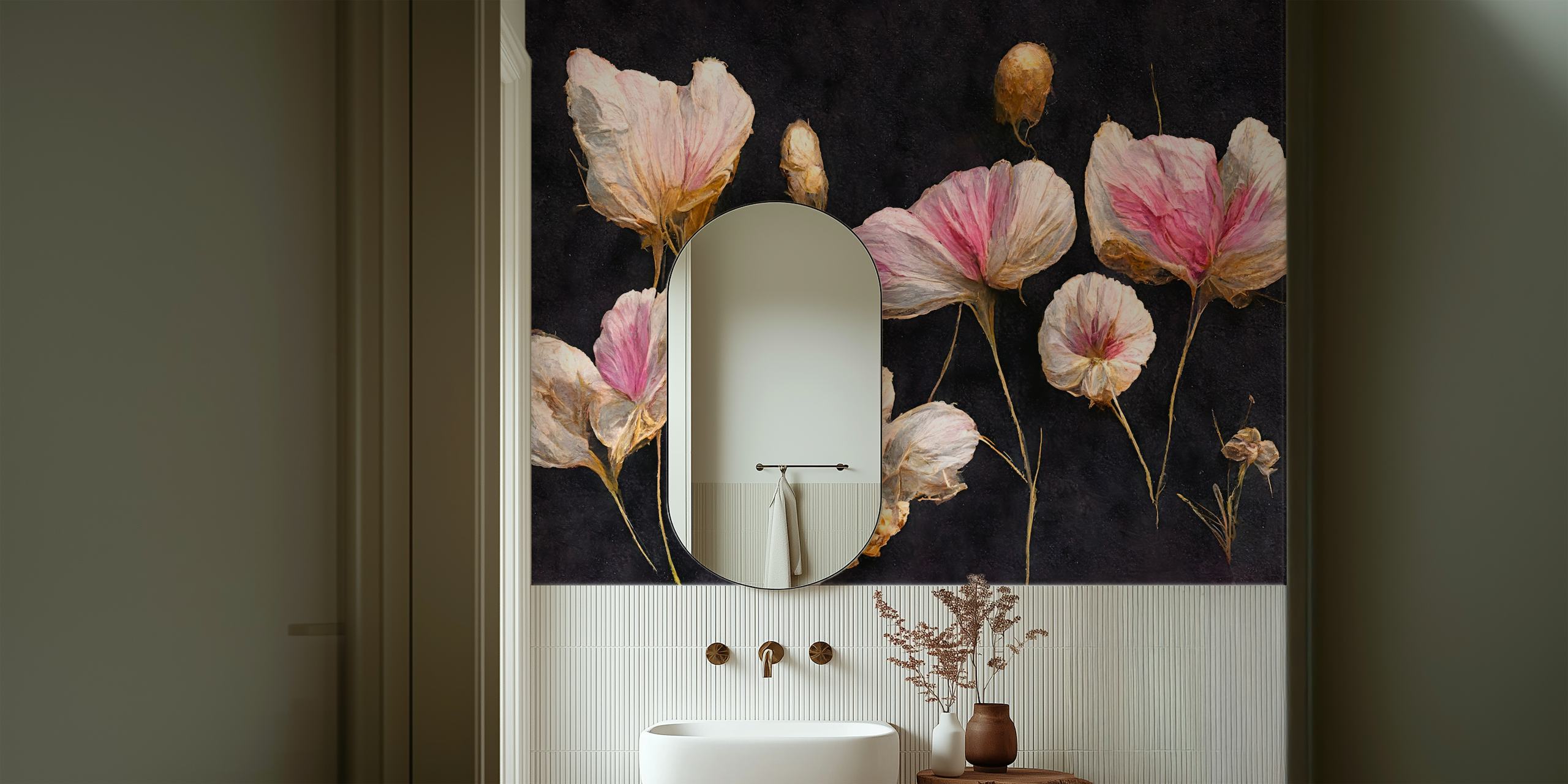 Pink dry flowers on a black background wallpaper