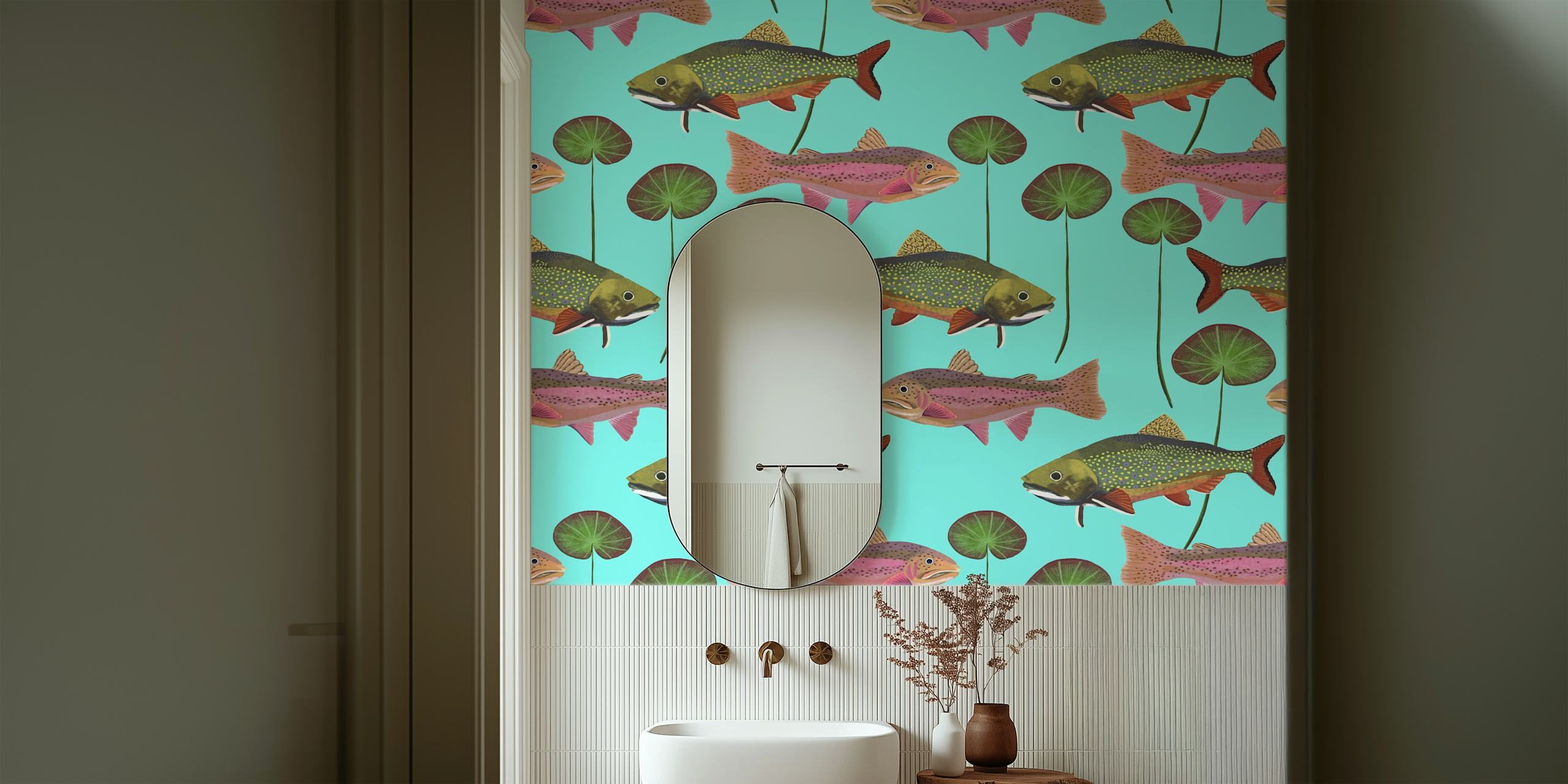 Trout and lily pads patterned wallpaper in blue