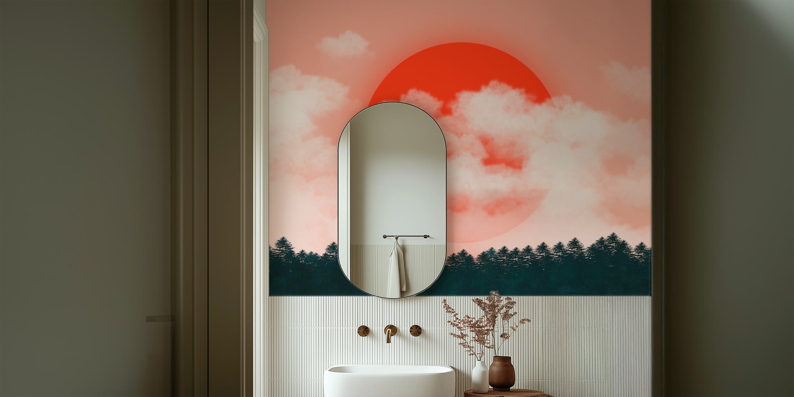 Runde rote Sonne über weißen Wolken und dunklen Bäumen wallpaper