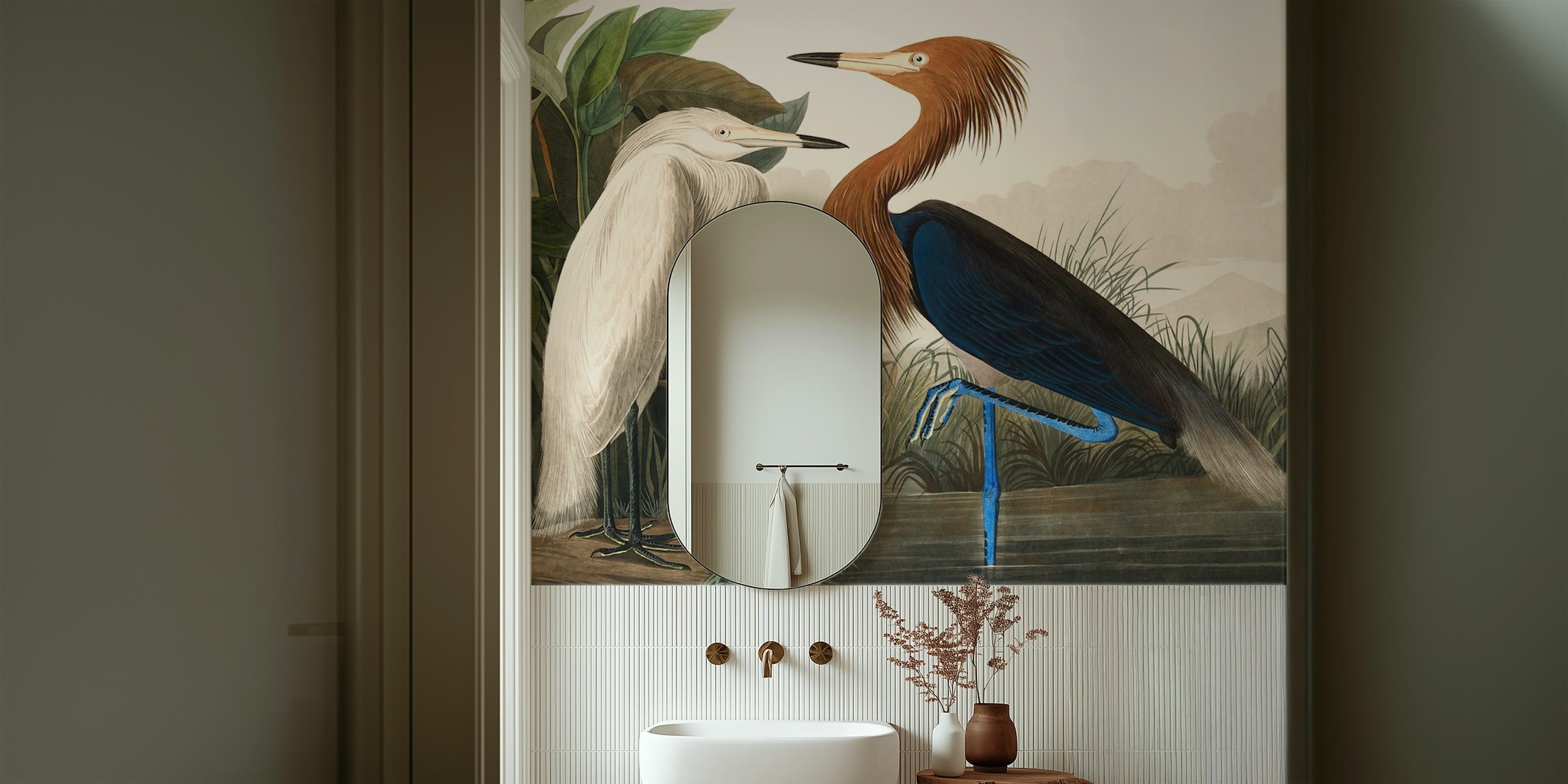 Two vintage tropical birds in a natural setting with green foliage wallpaper.