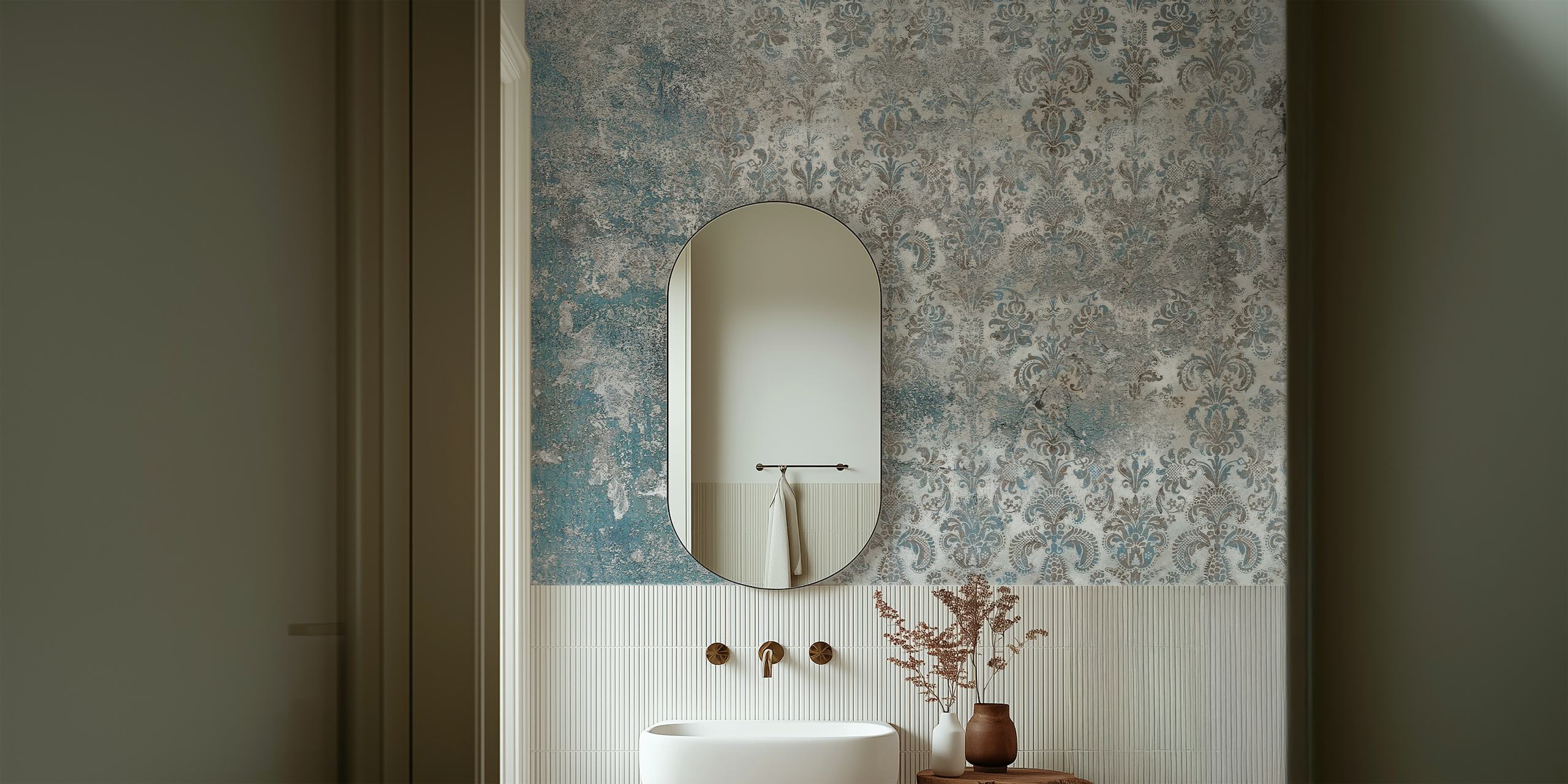 Grunge Damask Wall Taupe Blue tapet i ett rum