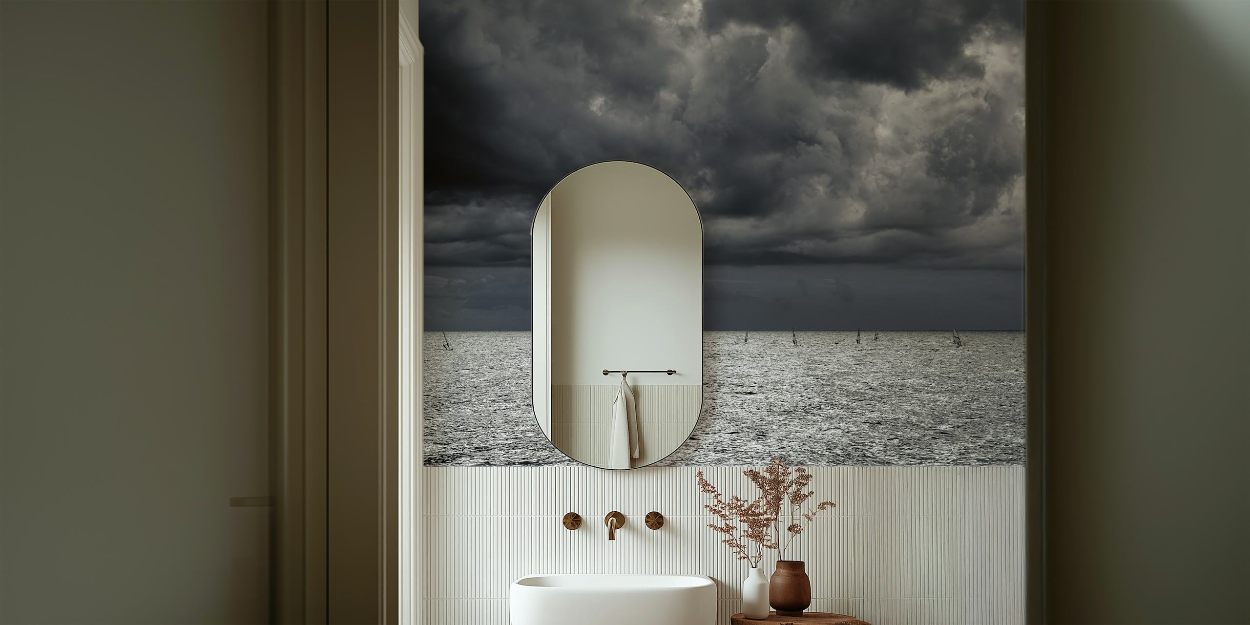 Moody seascape with cloudy sky over a shimmering ocean wall mural