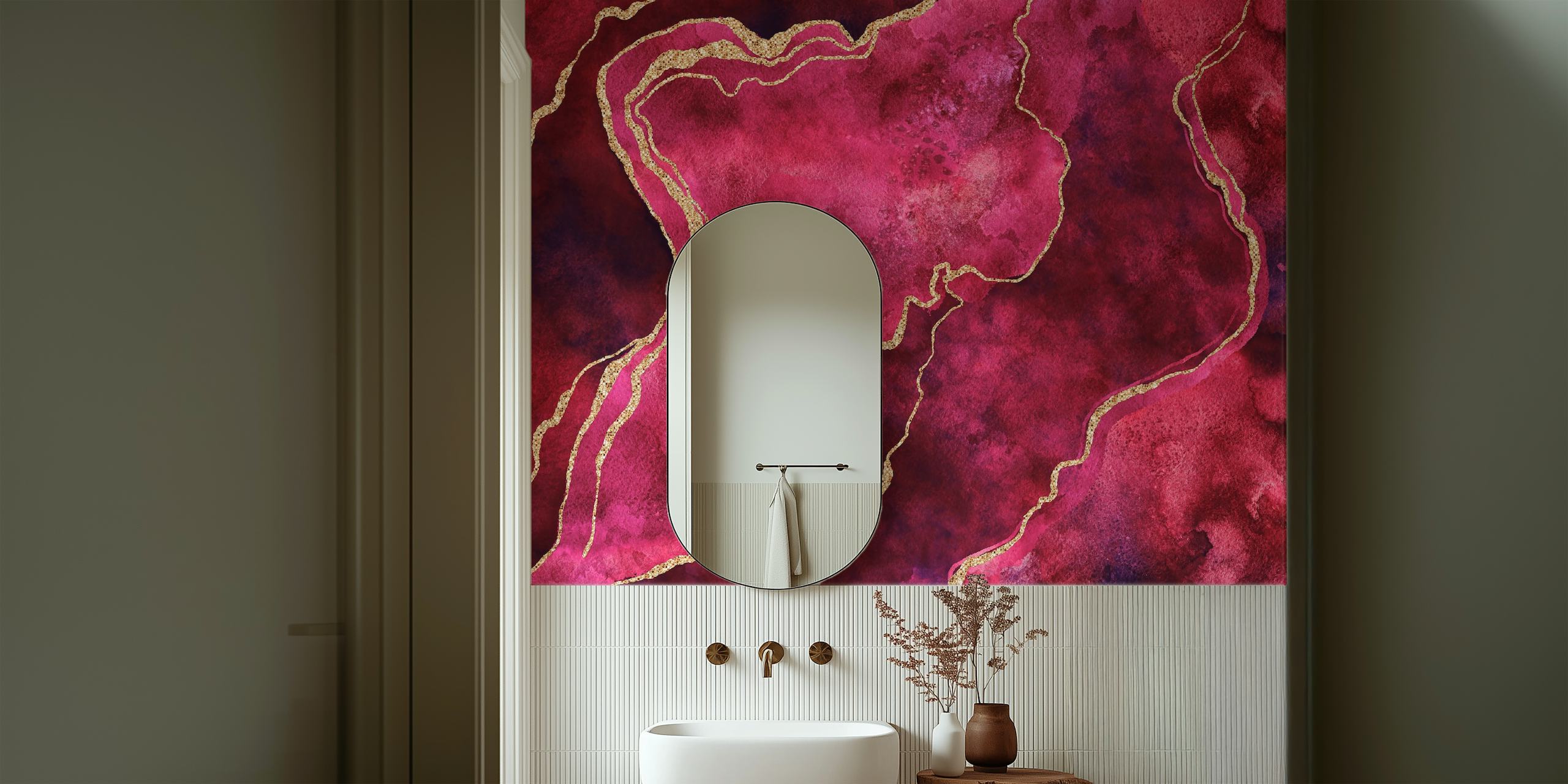Magenta and dark purple marble effect wallpaper with gold accents