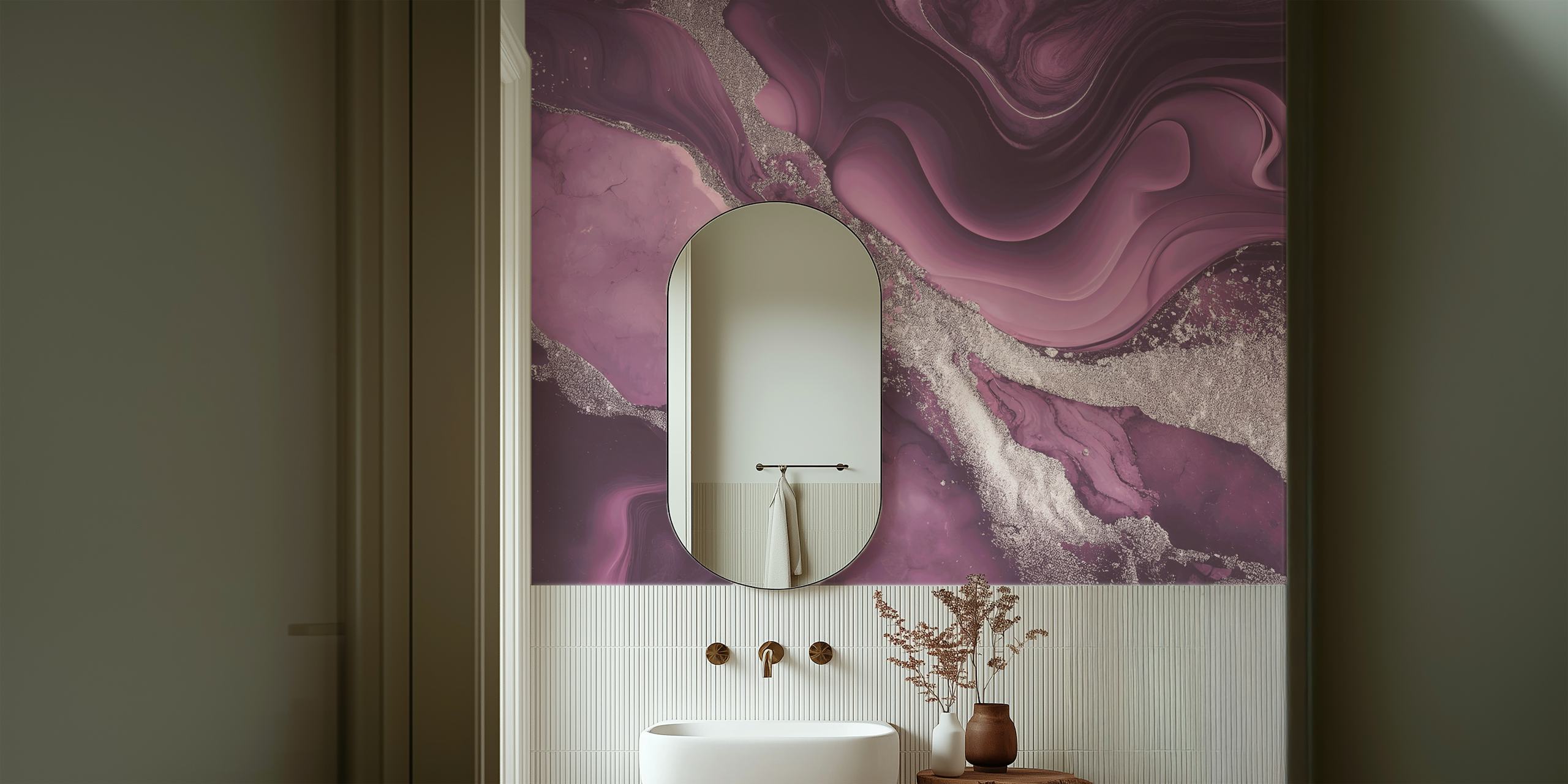 Faux marble dusty pink wallpaper in room