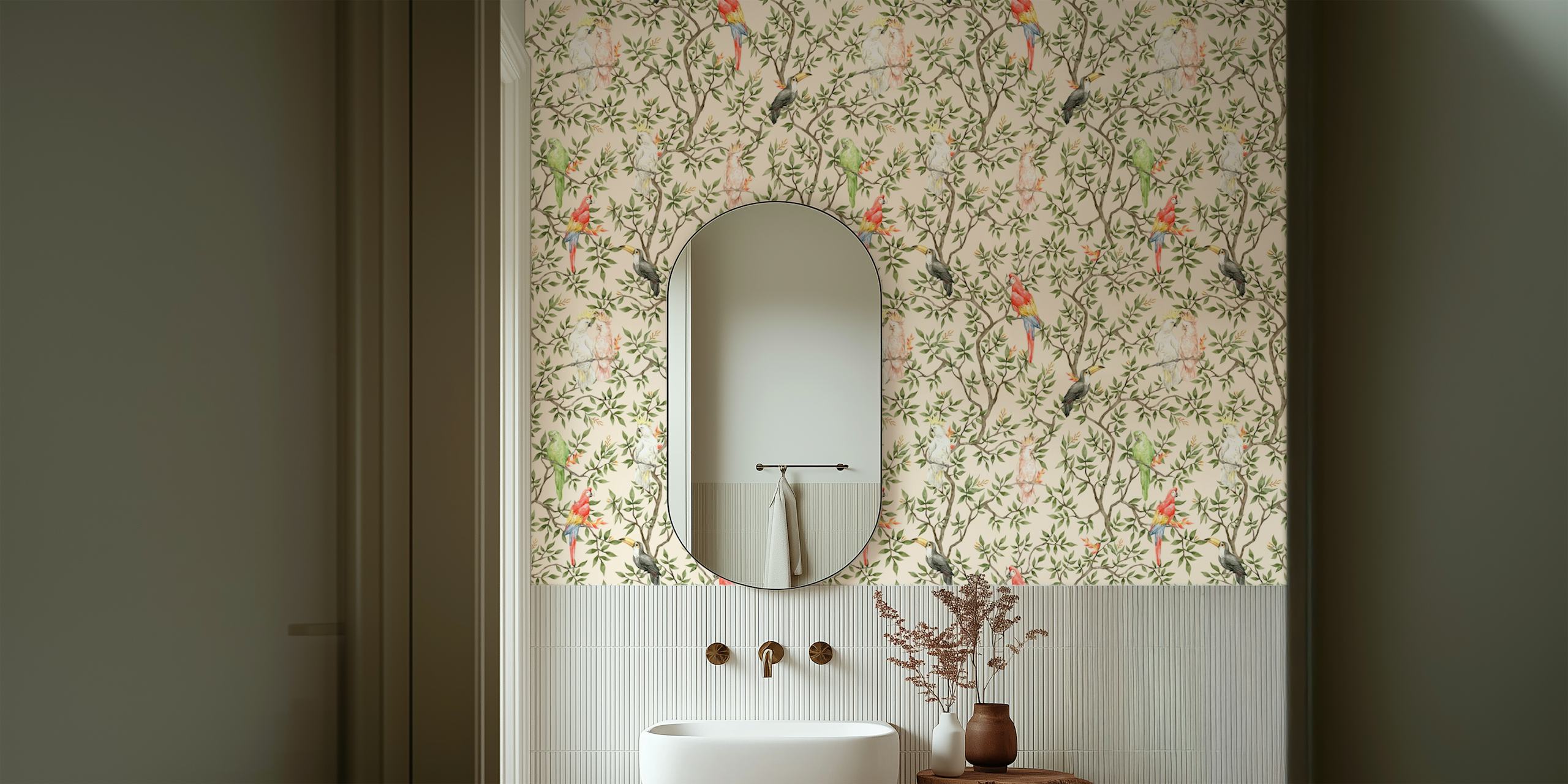 Tropical parrot and floral pattern in pastel colors wallpaper