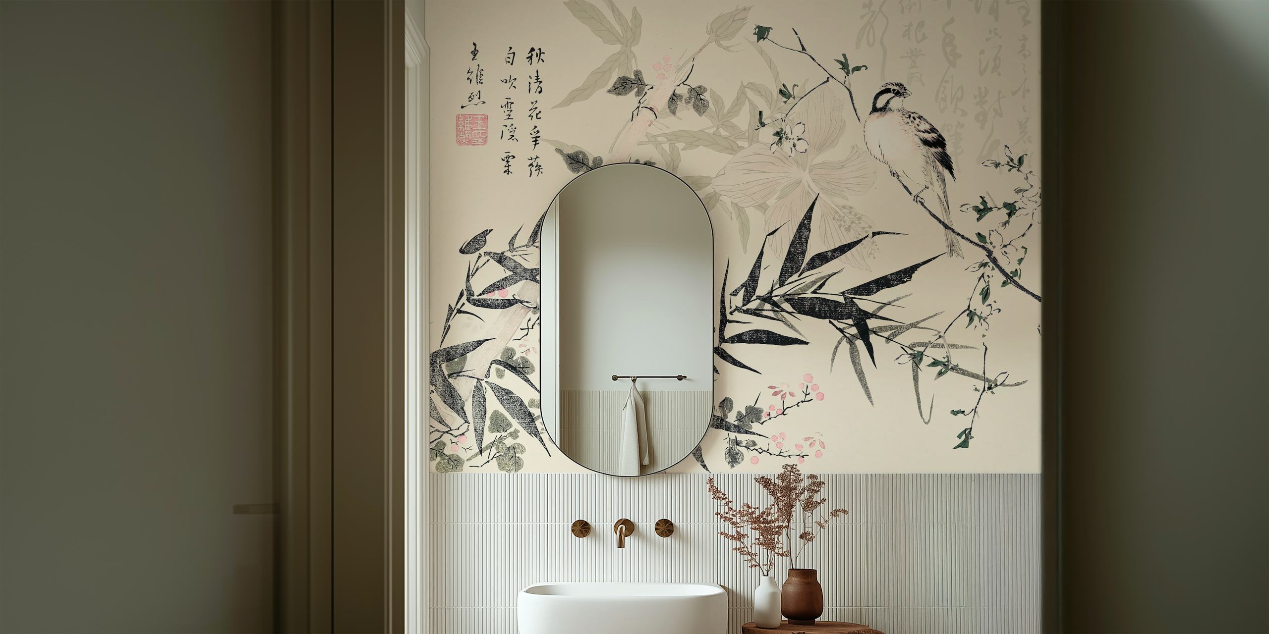 Bamboo Chinoiserie Beige tapetti huoneessa