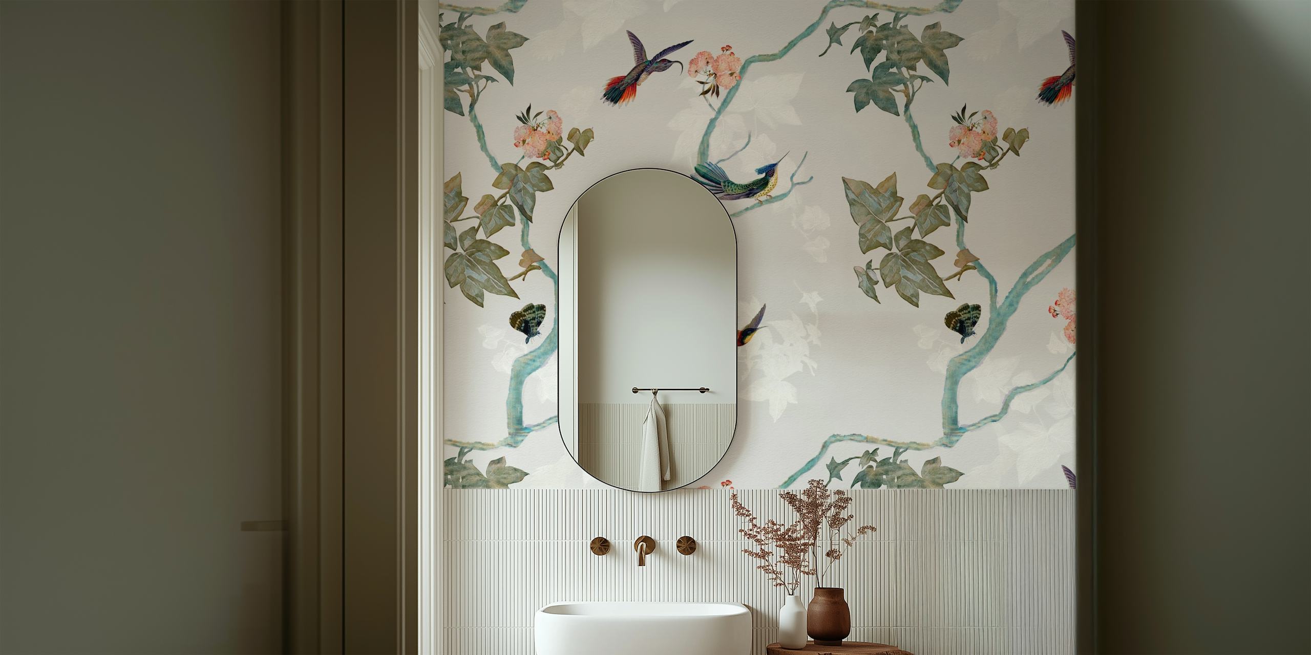 Chinoiserie wallpaper with floral patterns and colorful birds