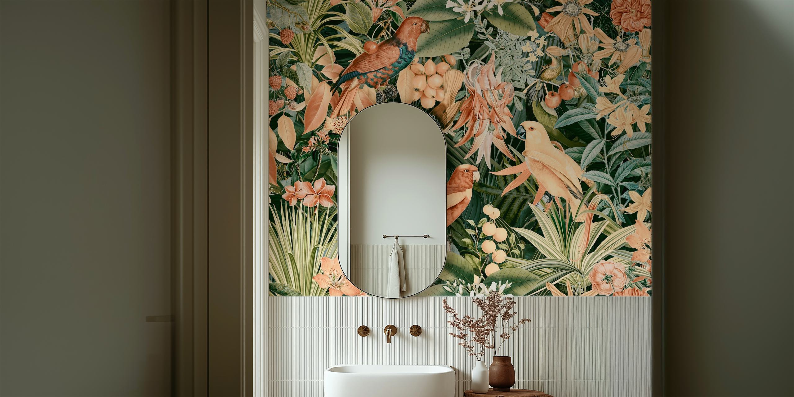 Tropical wallpaper with birds, flowers, and green leaves