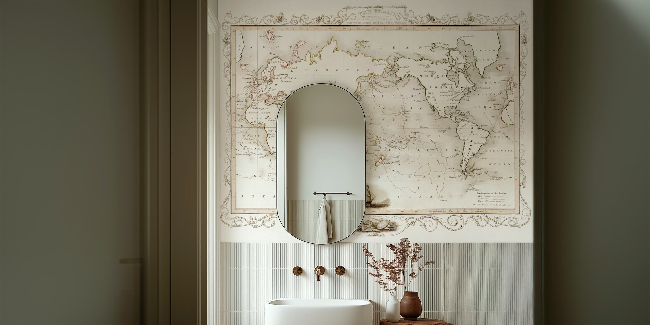 Antique world map wallpaper in a room