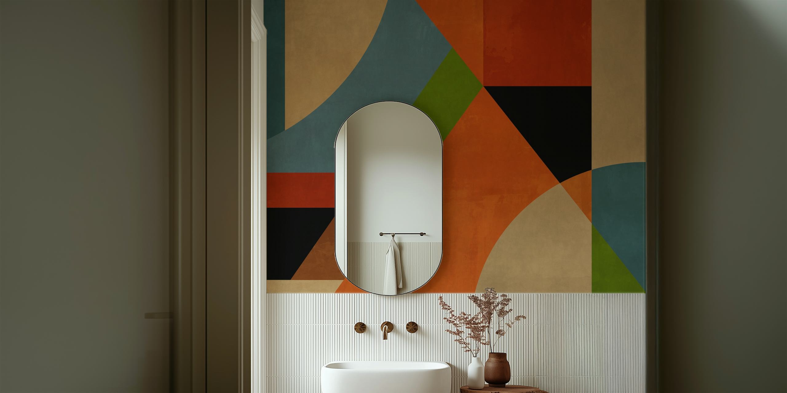 Colorful geometric shapes in blues, oranges, and greens wallpaper