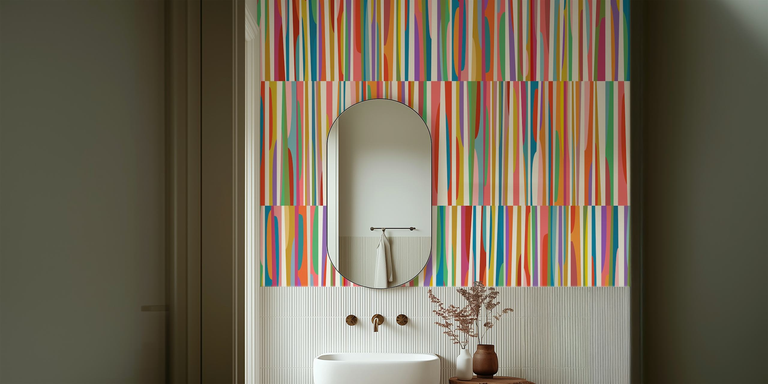 Colorful striped abstract wallpaper design with red, blue, green, and yellow hues