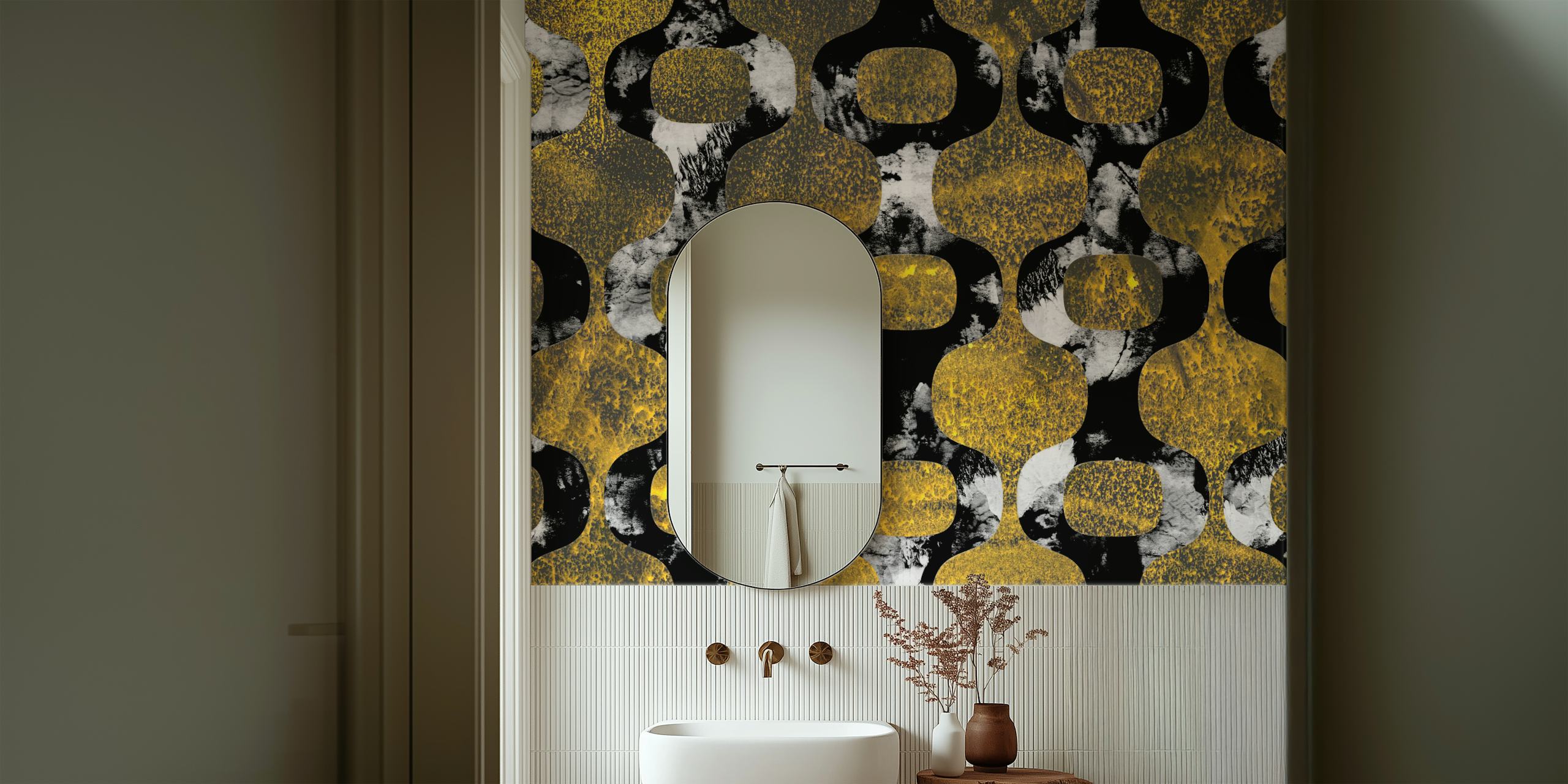 Mid-century geometric pattern in black and yellow marble wallpaper