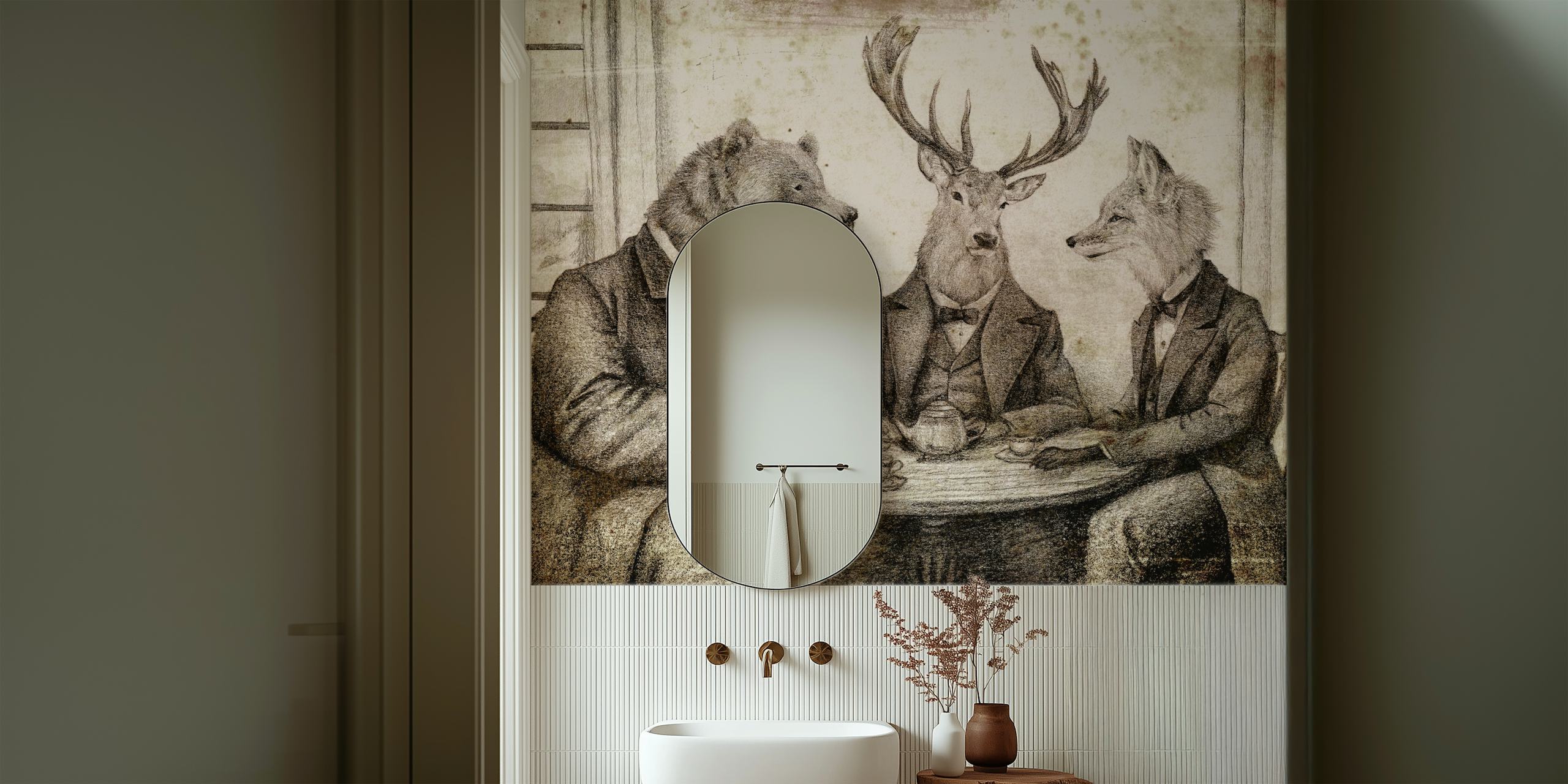 Bear, deer, and fox in suits at tea table wallpaper