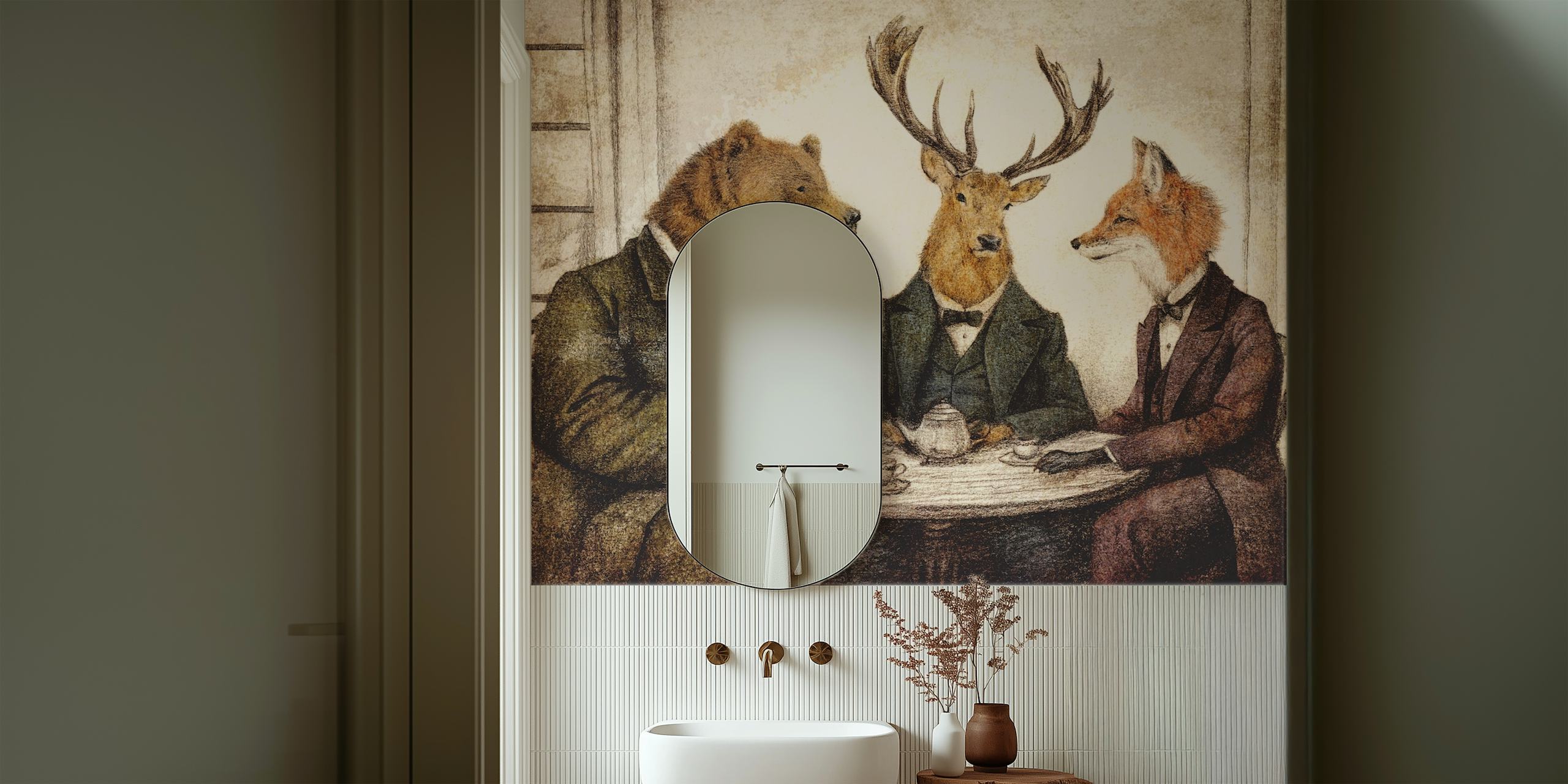 Bär, Hirsch und Fuchs im Anzug um einen Tisch mit Teetassen - Vintage-Stil Wallpaper