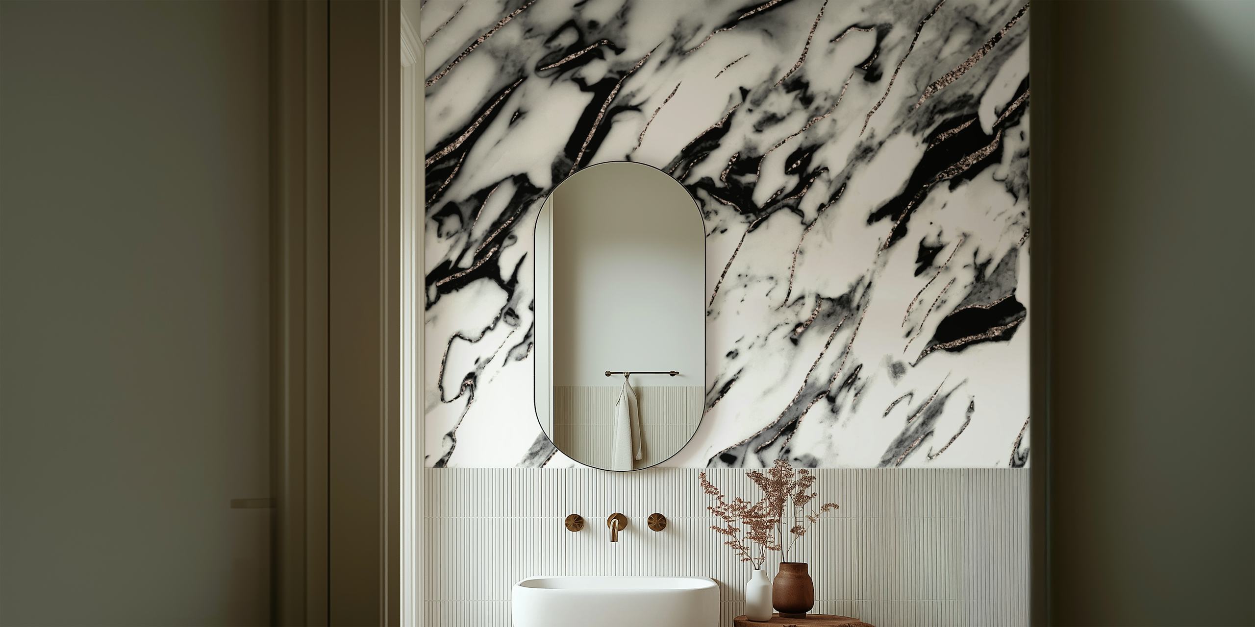 White marble wallpaper with rose gold accents